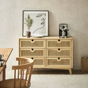BohoBoho Ora Solid Wood & Rattan Chest of 6 drawers, Natural Wood, 120x40x90cm
