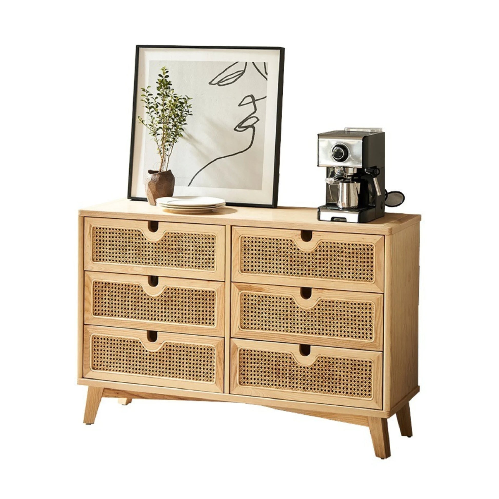 BohoBoho Ora Solid Wood & Rattan Chest of 6 drawers, Natural Wood, 120x40x90cm