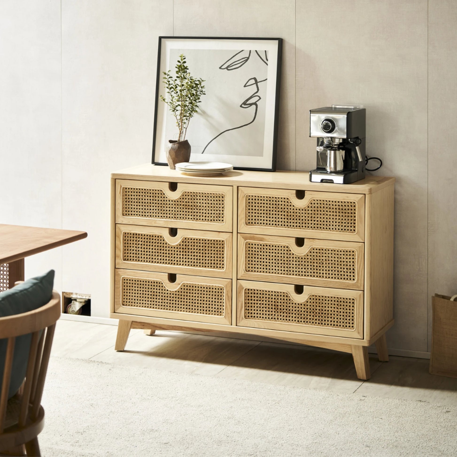 BohoBoho Ora Solid Wood & Rattan Chest of 6 drawers, Natural Wood, 120x40x90cm