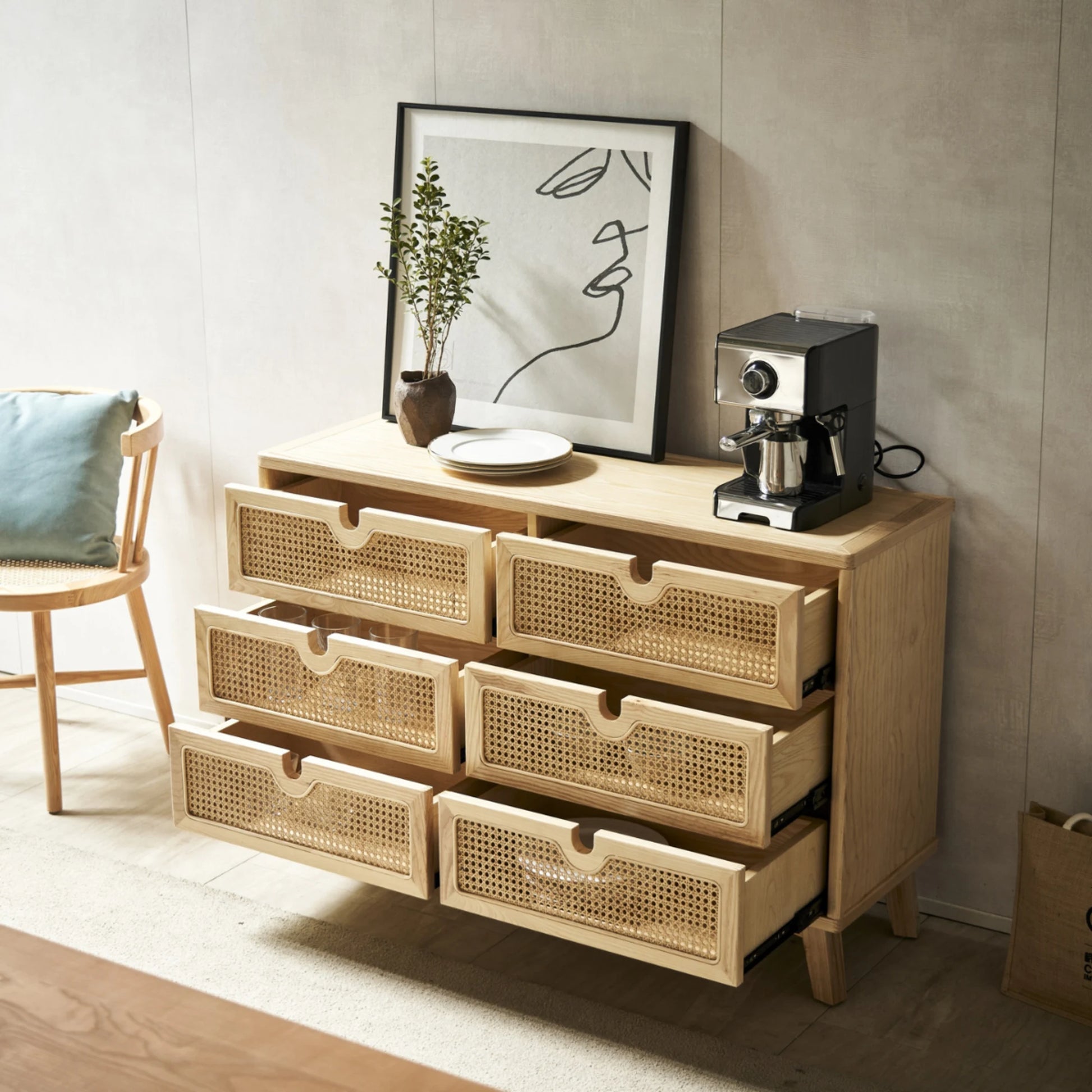 BohoBoho Ora Solid Wood & Rattan Chest of 6 drawers, Natural Wood, 120x40x90cm