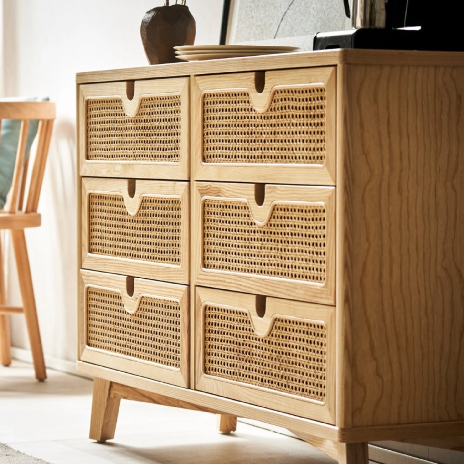 BohoBoho Ora Solid Wood & Rattan Chest of 6 drawers, Natural Wood, 120x40x90cm