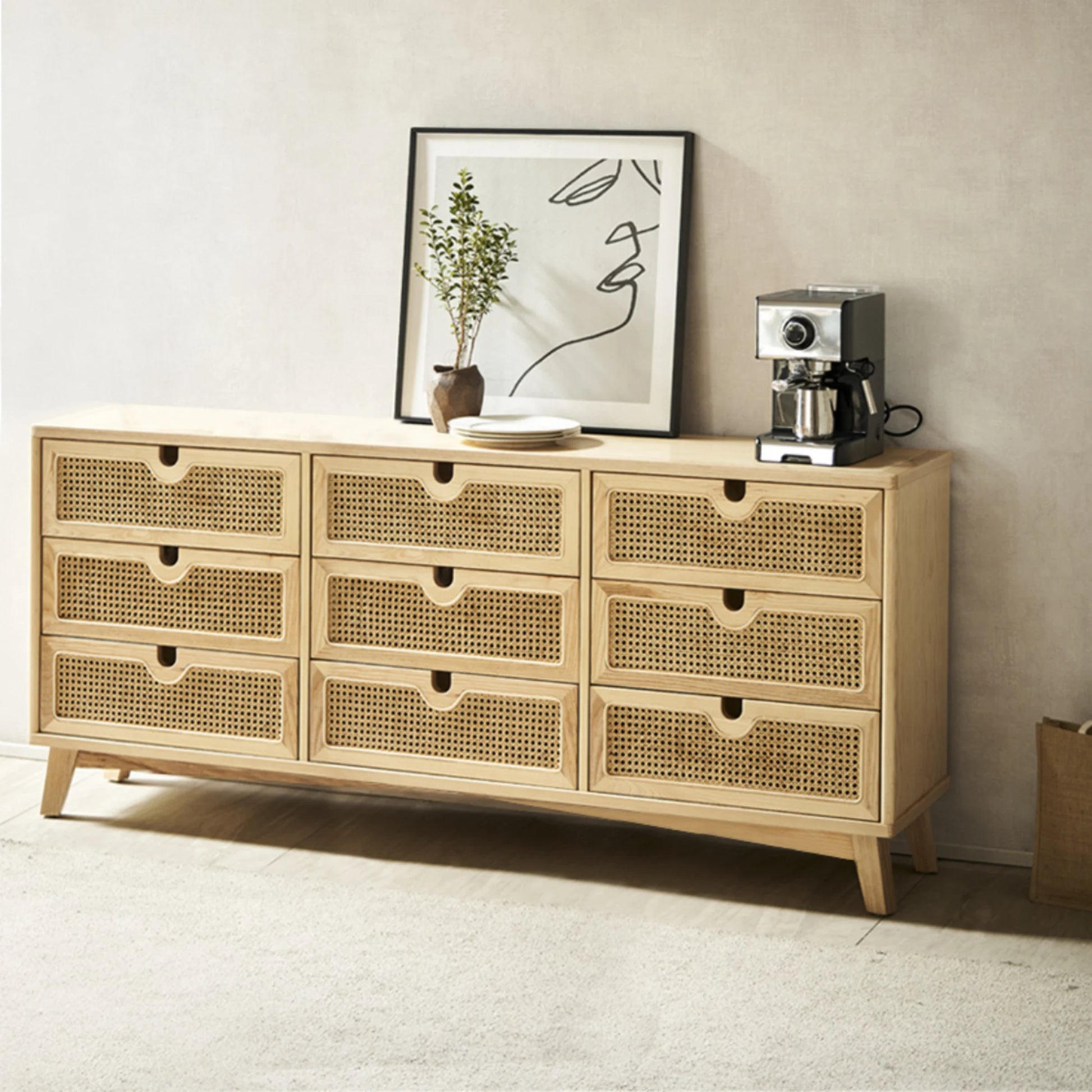 BohoBoho Ora Solid Wood & Rattan Chest of 9 drawers, Natural Wood, 180x40x90cm