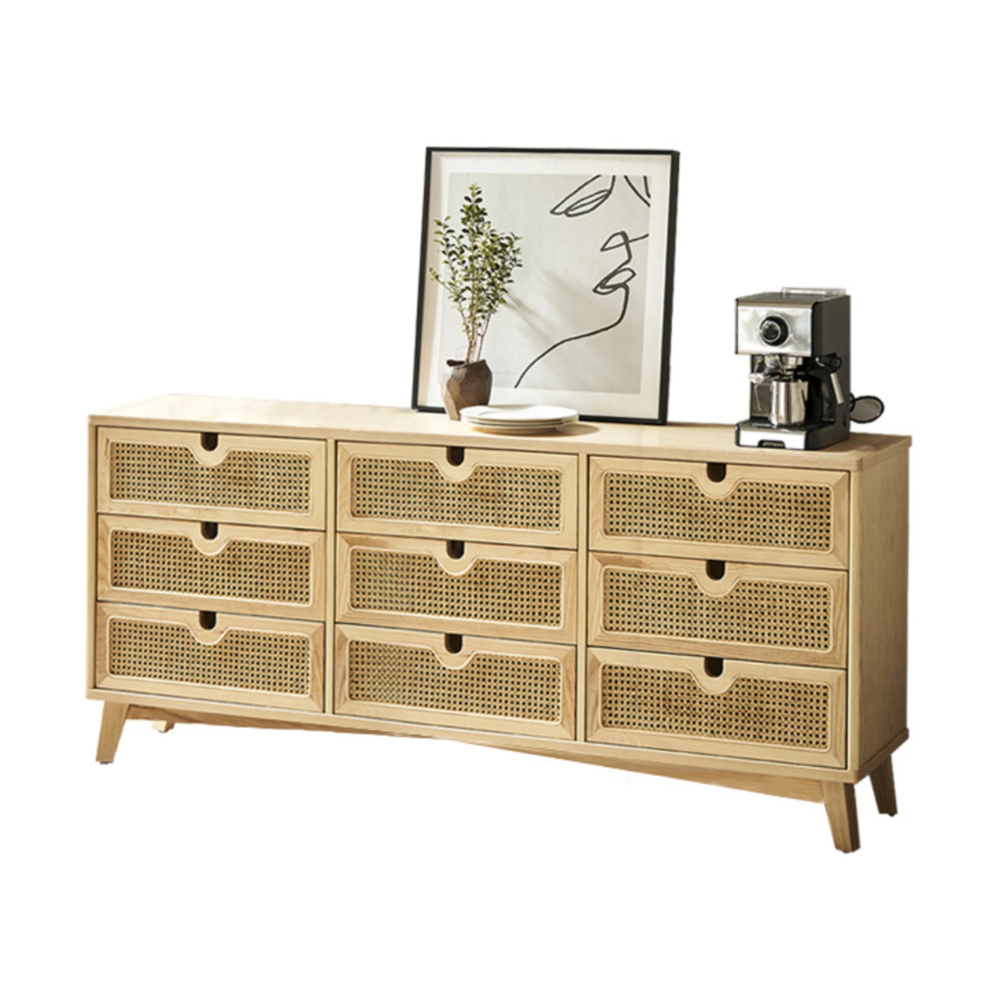BohoBoho Ora Solid Wood & Rattan Chest of 9 drawers, Natural Wood, 180x40x90cm