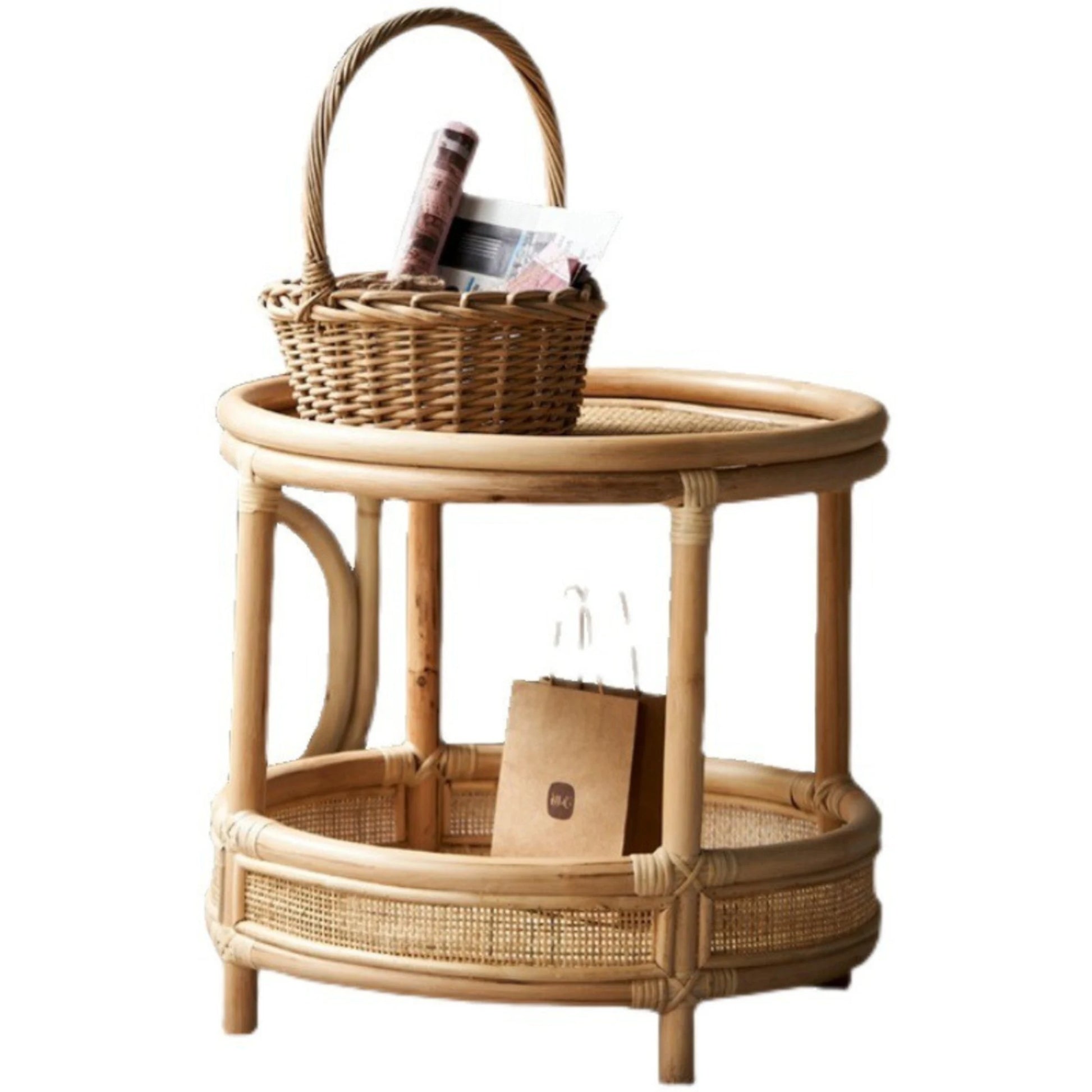 BohoBoho Ortu Solid Wood & Rattan Side Table, Natural Wood, 55x51cm