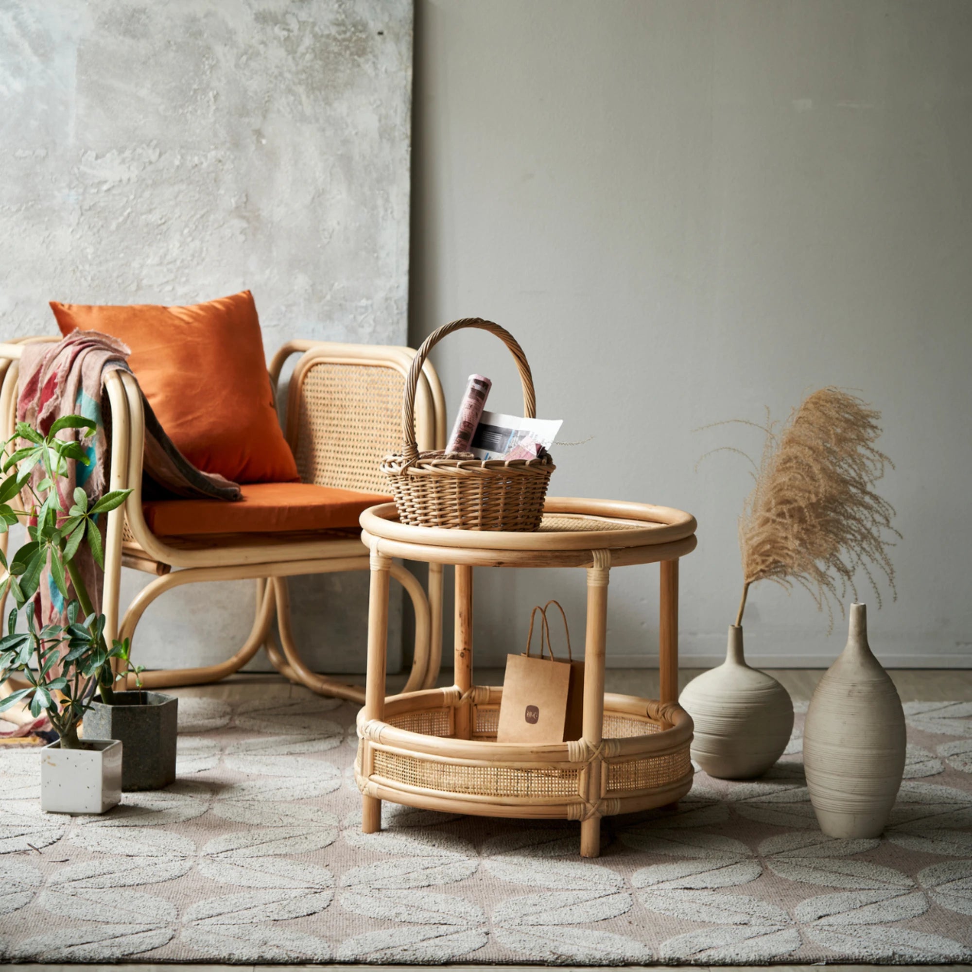 BohoBoho Ortu Solid Wood & Rattan Side Table, Natural Wood, 55x51cm