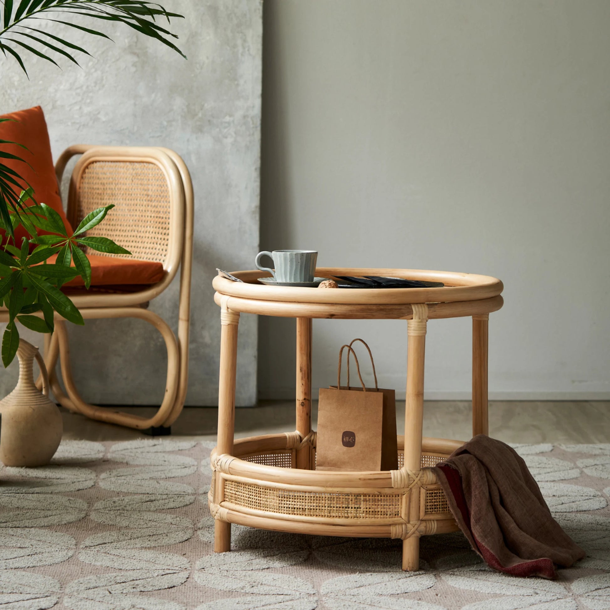 BohoBoho Ortu Solid Wood & Rattan Side Table, Natural Wood, 55x51cm