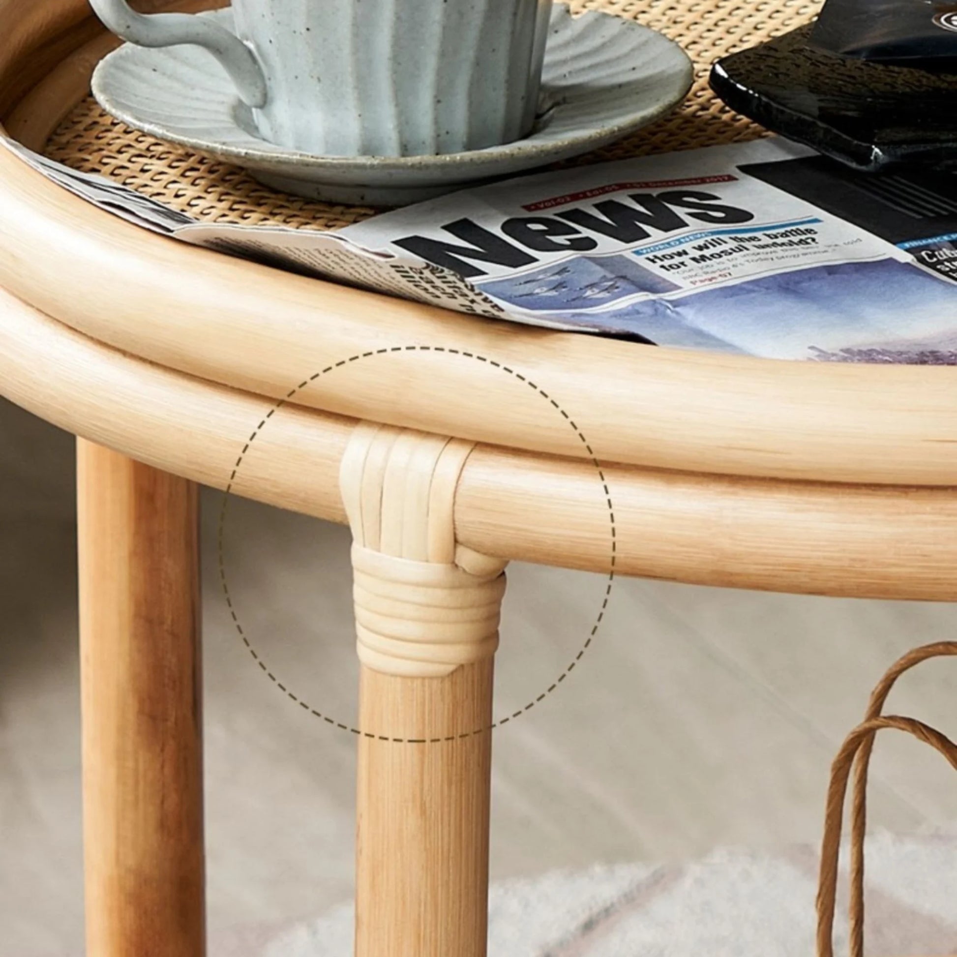BohoBoho Ortu Solid Wood & Rattan Side Table, Natural Wood, 55x51cm