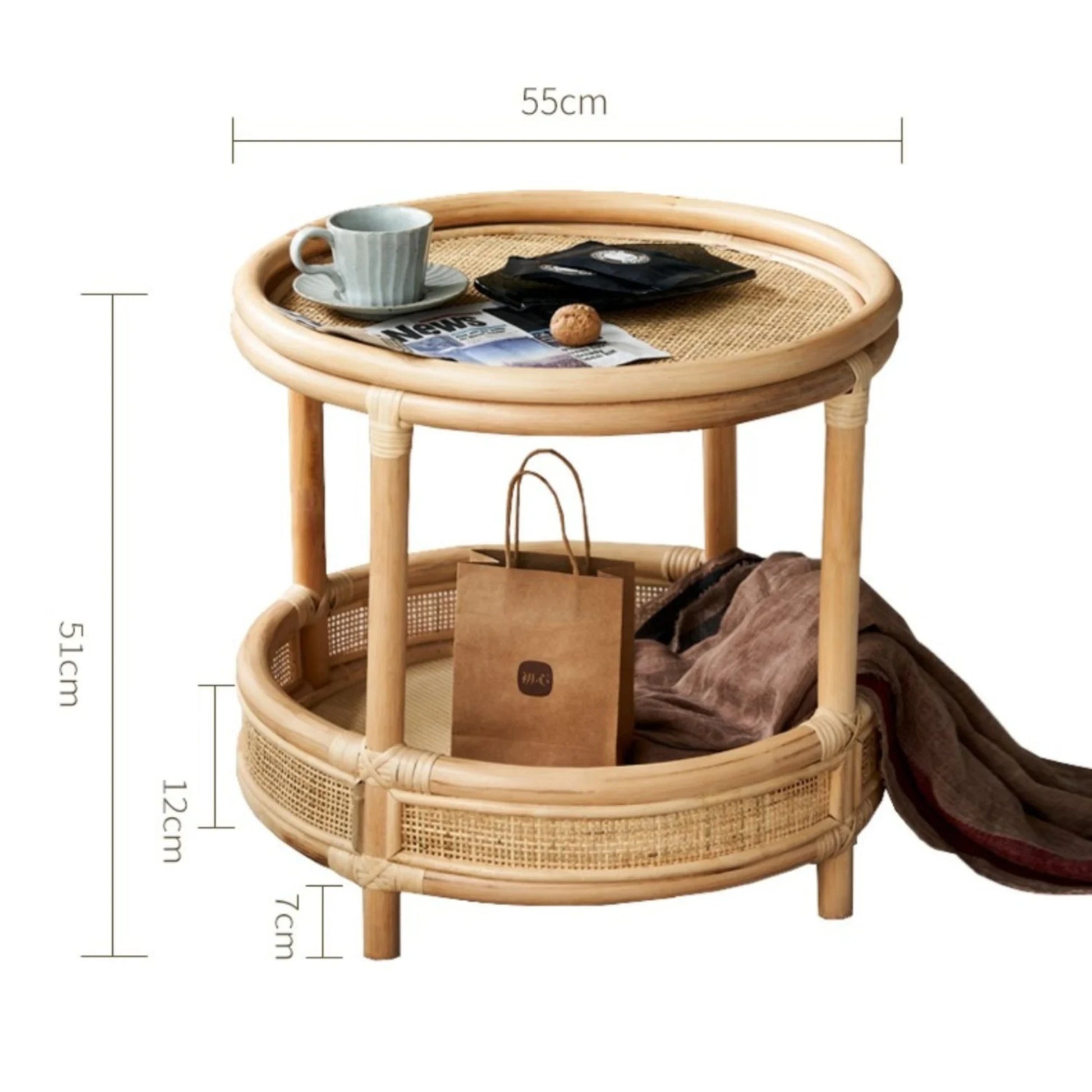 BohoBoho Ortu Solid Wood & Rattan Side Table, Natural Wood, 55x51cm