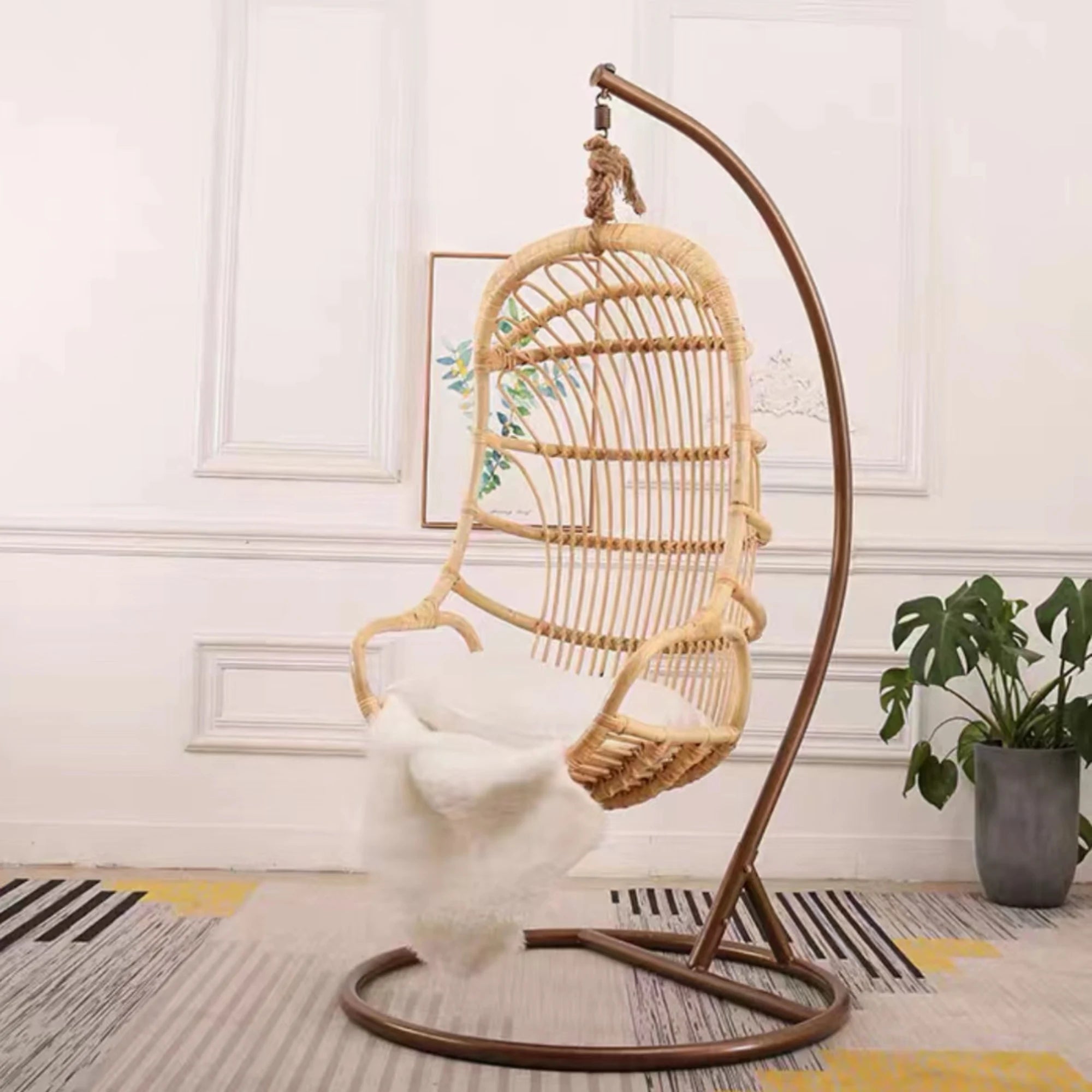BohoBoho Ortu Rattan Hanging Chair with Stand, Natural Wood