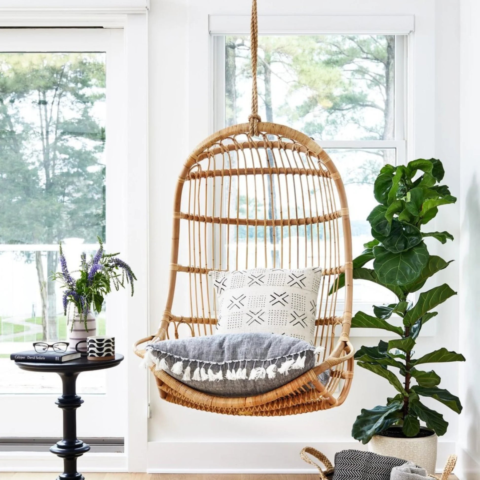 BohoBoho Ortu Rattan Hanging Chair without Stand, Natural Wood