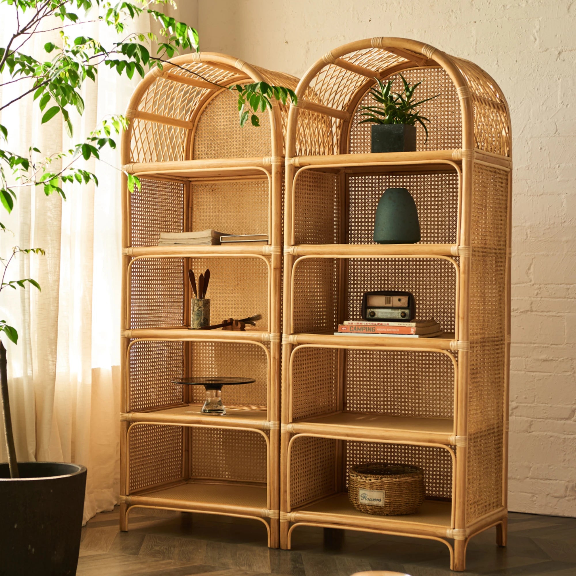 BohoBoho Ortu Rattan Shelving Unit, Natural Wood, 65x45x170cm