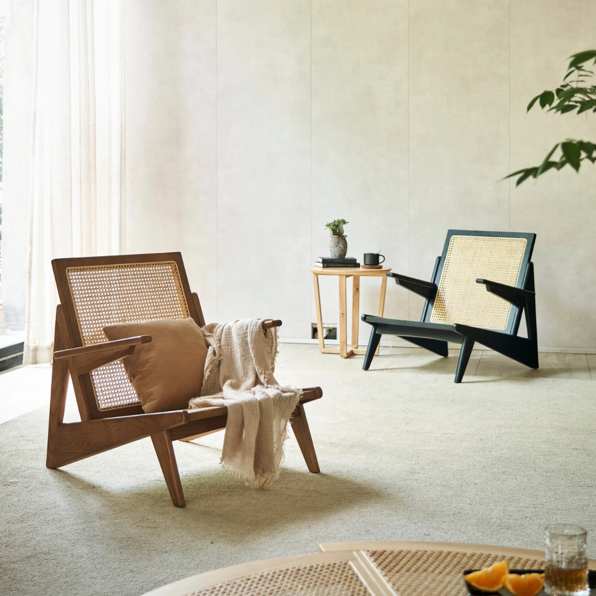 BohoBoho Rota Solid Wood & Rattan Lounge Chair, Dark Wood, 72x78x75cm