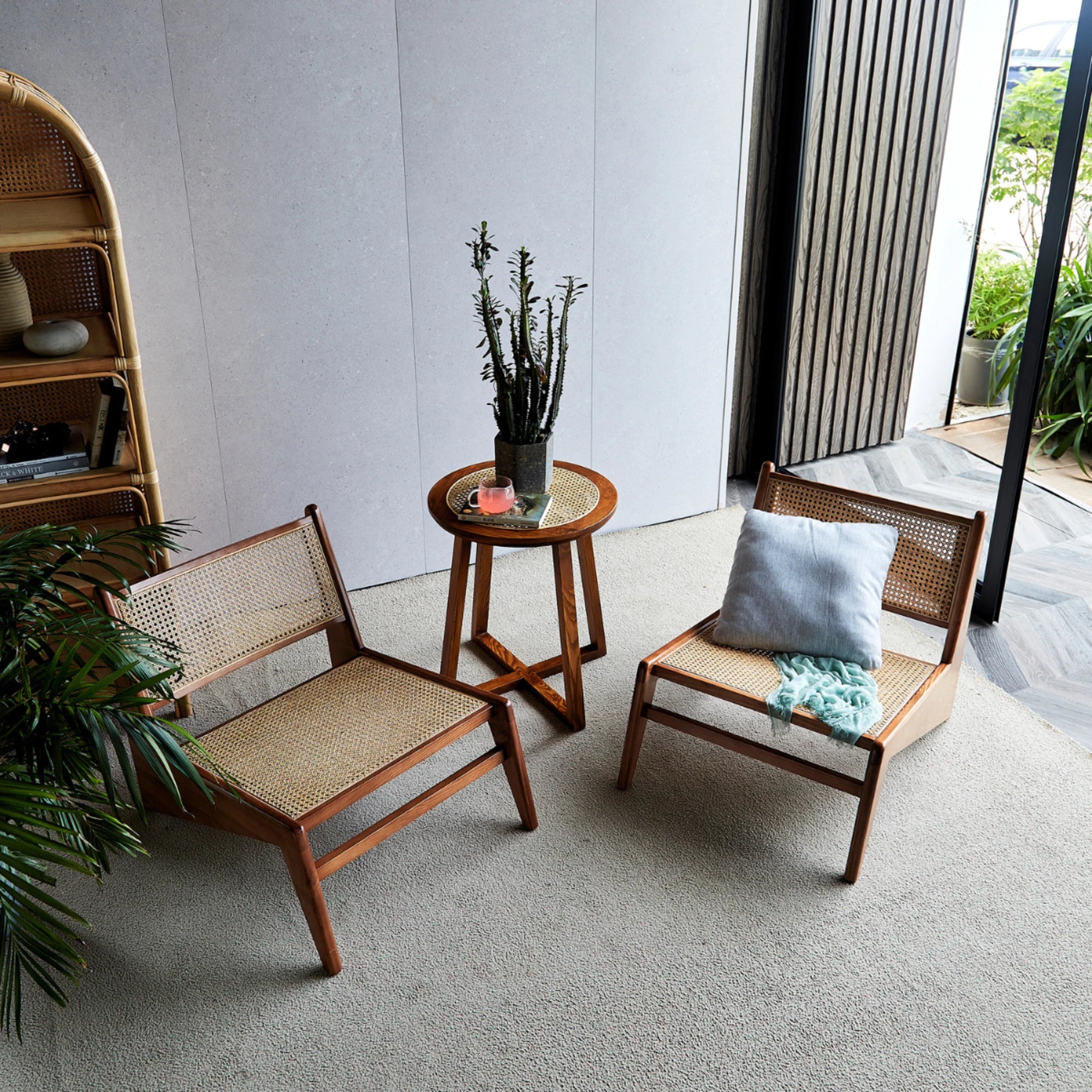 BohoBoho Rota Solid Wood & Rattan Lounge Chair, Dark Wood, 72x78x75cm