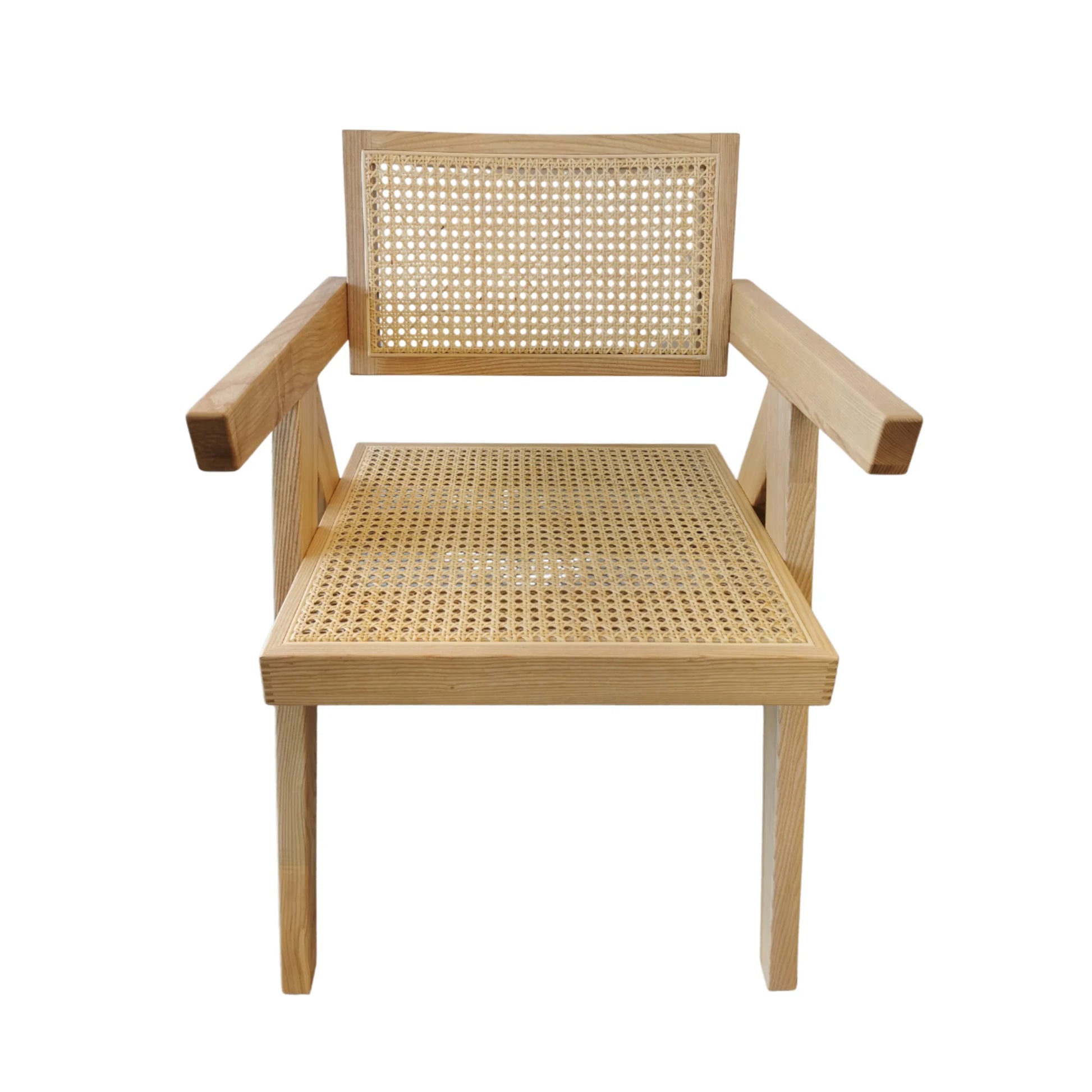 BohoBoho Rota Solid Wood & Rattan Dining Chair with Armrest, Natural Wood