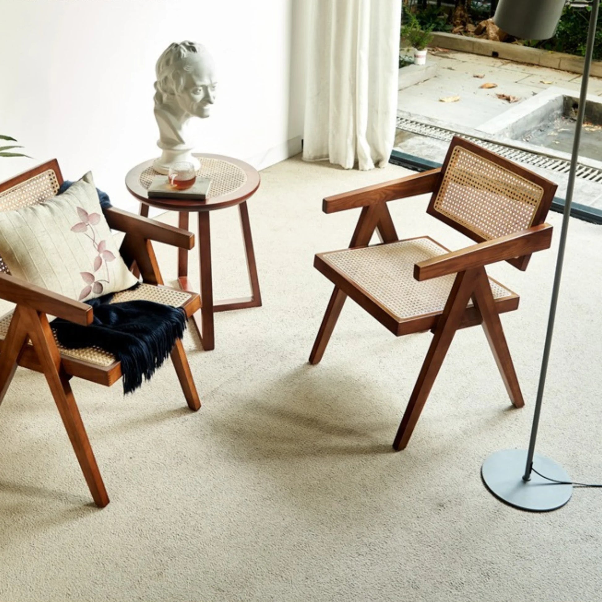 BohoBoho Rota Solid Wood & Rattan Dining Chair with Armrest, Natural Wood