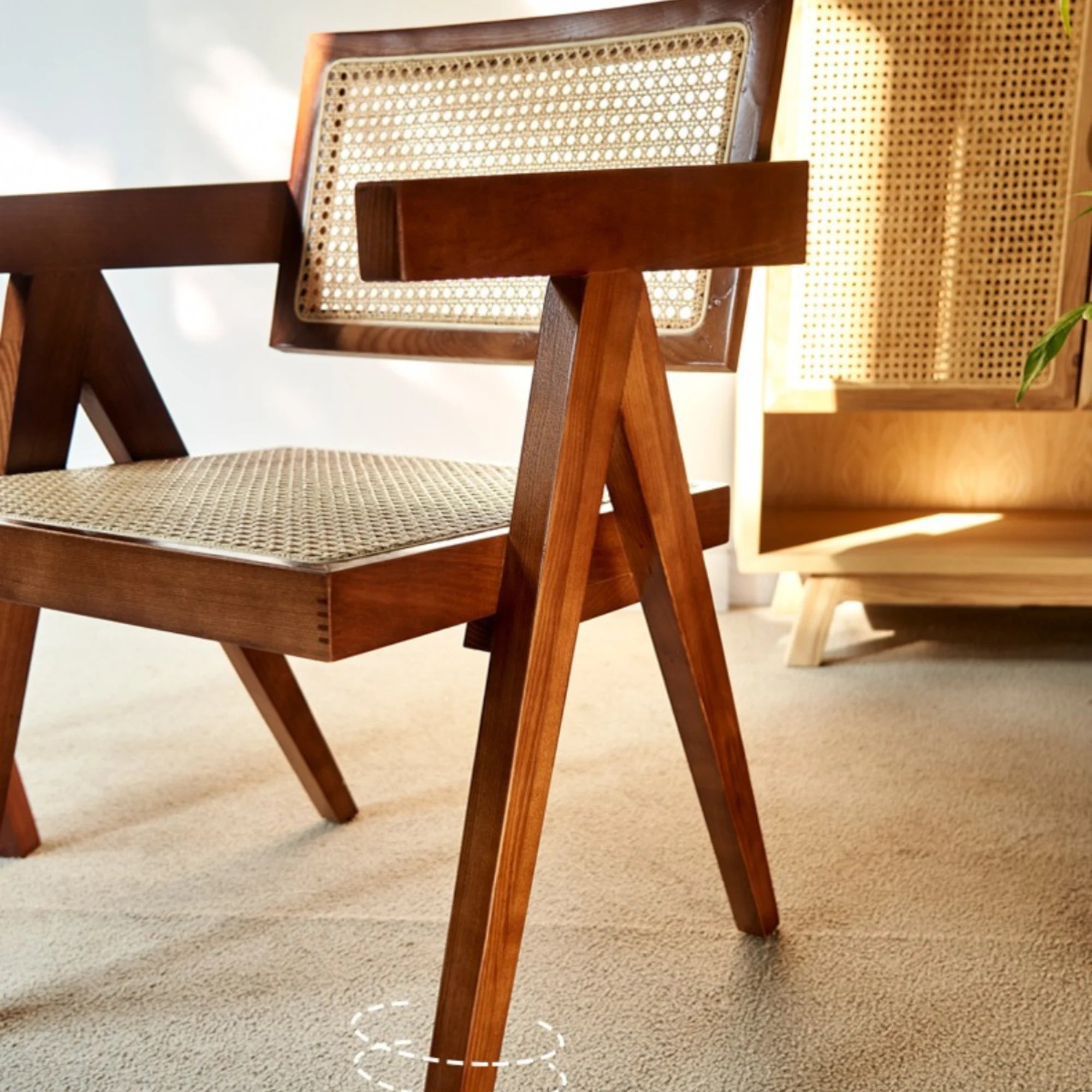 BohoBoho Rota Solid Wood & Rattan Dining Chair with Armrest, Natural Wood