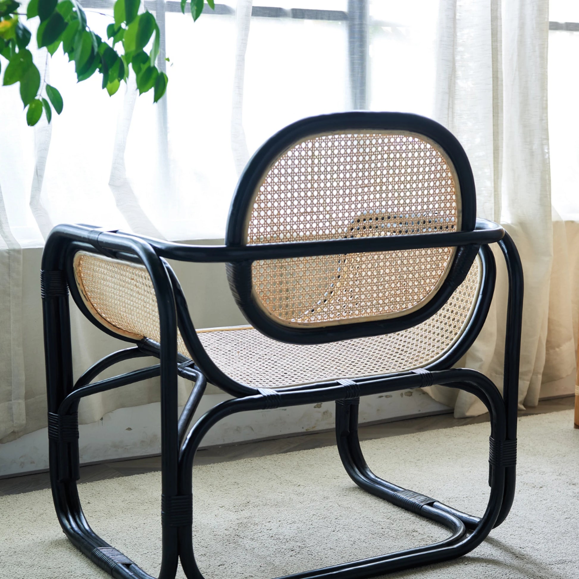 BohoBoho Sedo Solid Wood & Rattan Lounge Chair, Black