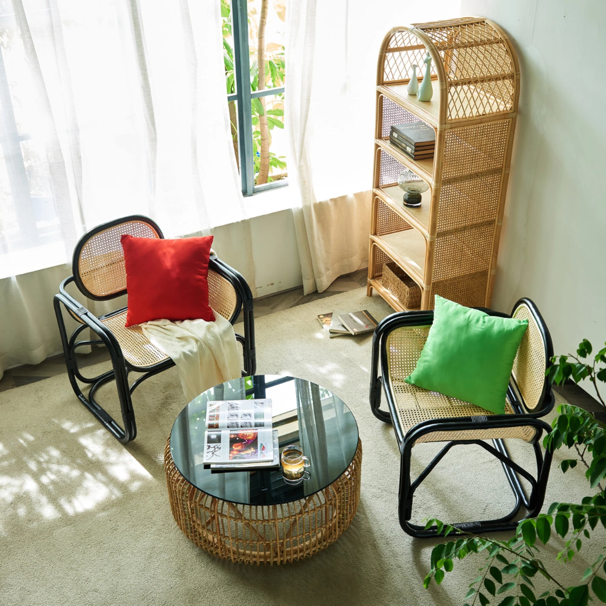 BohoBoho Sedo Solid Wood & Rattan Lounge Chair, Natural Wood