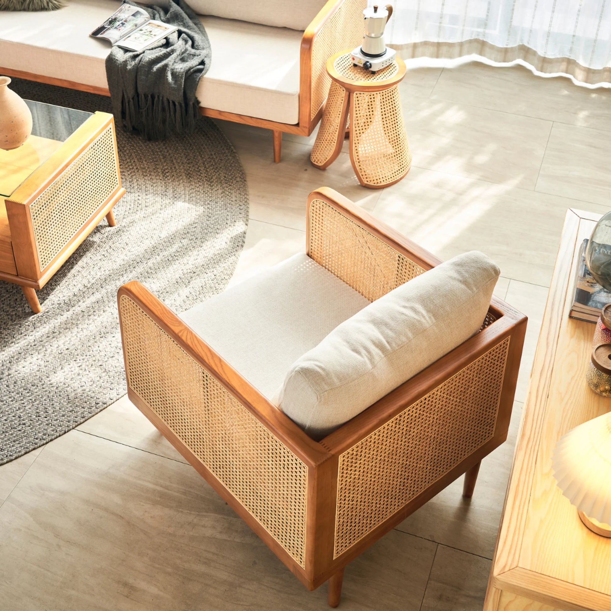 BohoBoho Verus Solid Wood & Rattan 1-Seater Sofa, Natural Wood