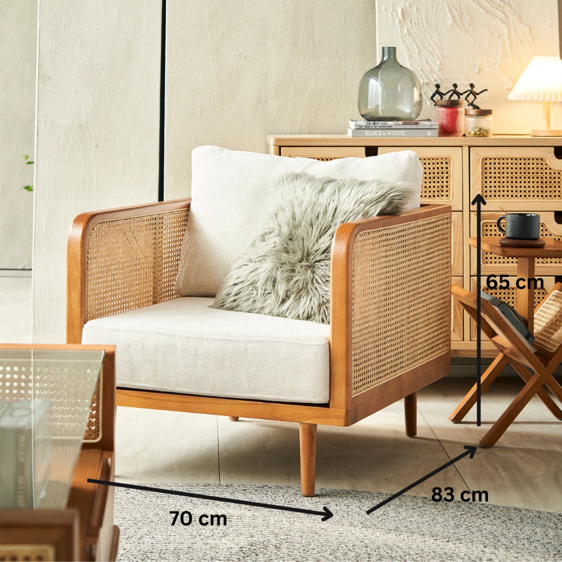 BohoBoho Verus Solid Wood & Rattan 1-Seater Sofa, Natural Wood