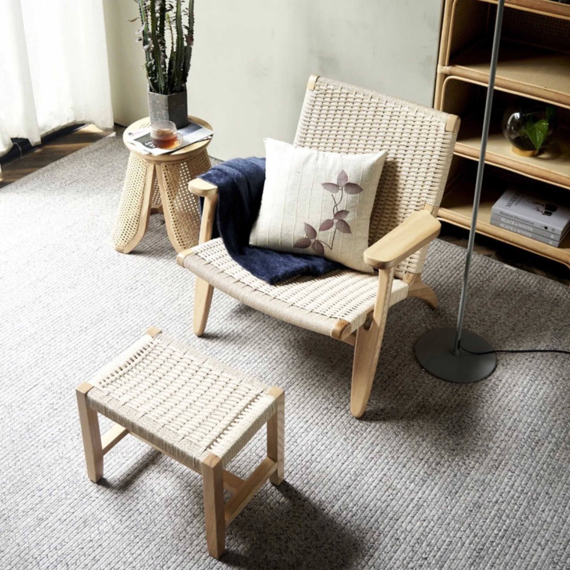 BohoBoho Verus Solid Wood & Rattan Foot Stool, Natural Wood
