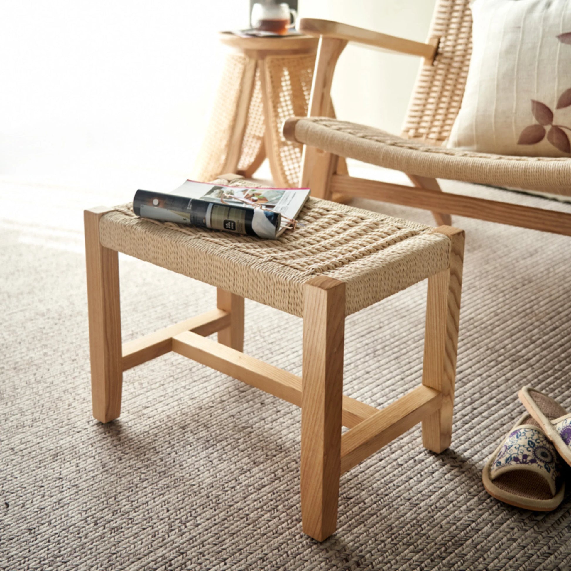 BohoBoho Verus Solid Wood & Rattan Lounge Chair with Foot Stool