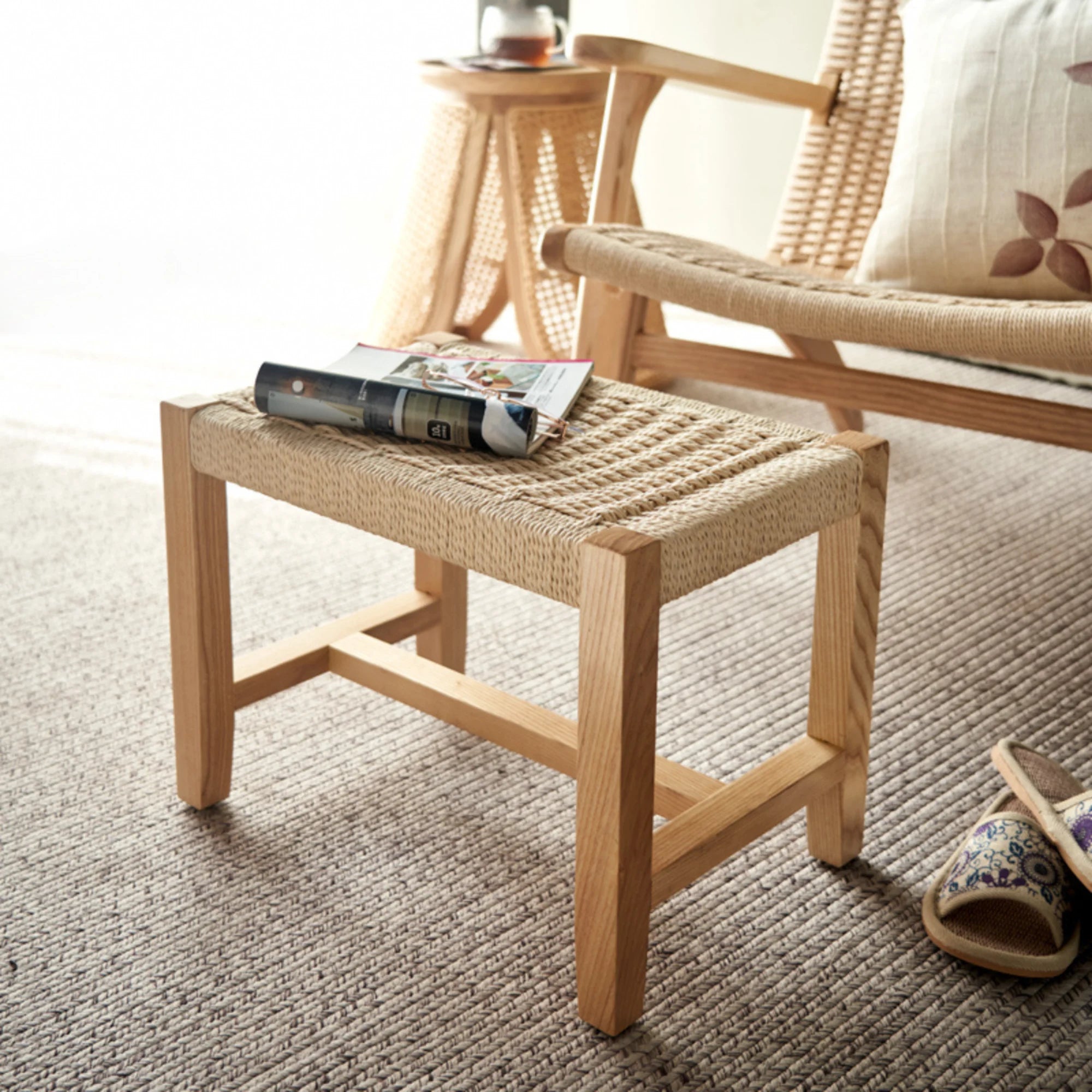 BohoBoho Verus Solid Wood & Rattan Lounge Chair with Foot Stool