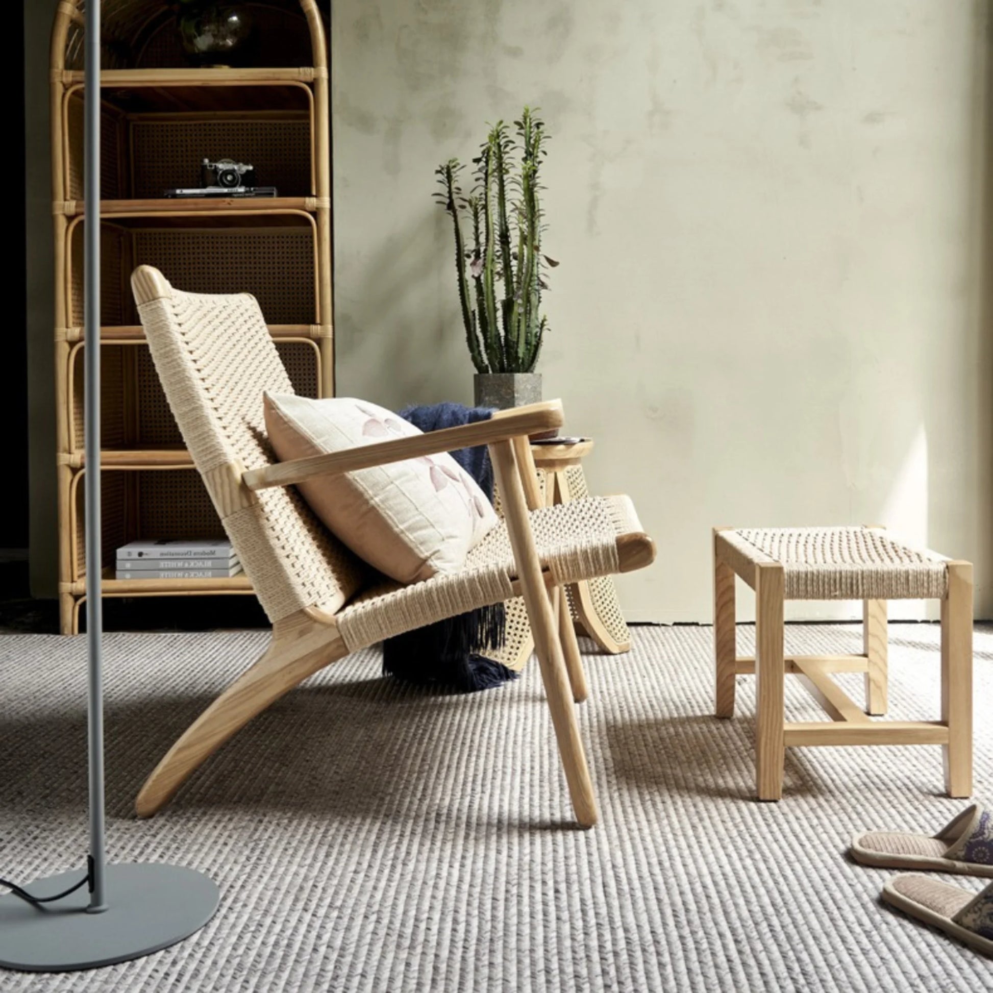 BohoBoho Verus Solid Wood & Rattan Lounge Chair with Foot Stool