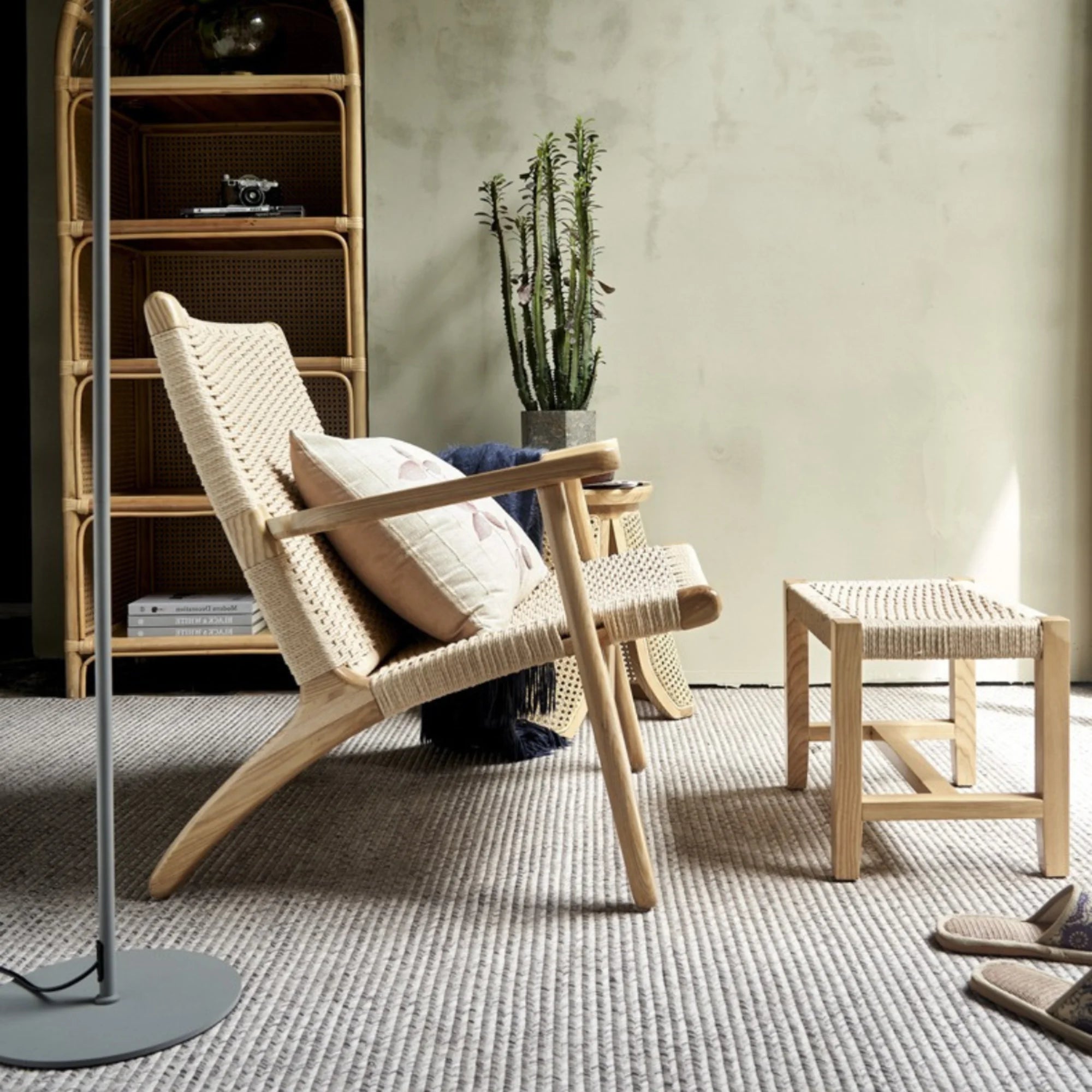 BohoBoho Verus Solid Wood & Rattan Lounge Chair with Foot Stool