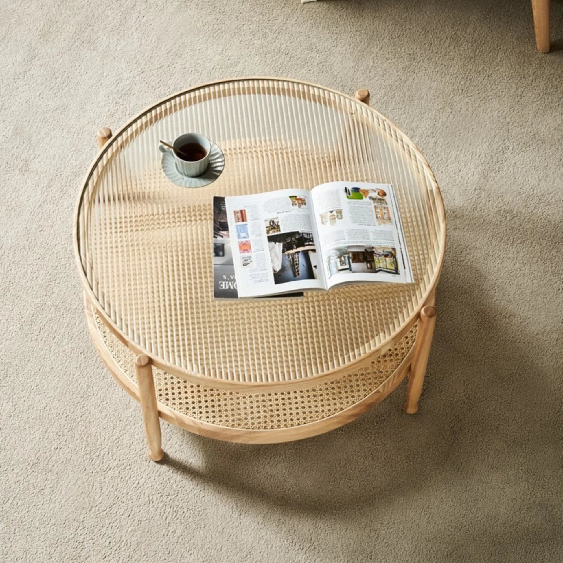 BohoBoho Verus Solid Wood & Rattan Ripple Coffee Table, Natural Wood, 86x46cm