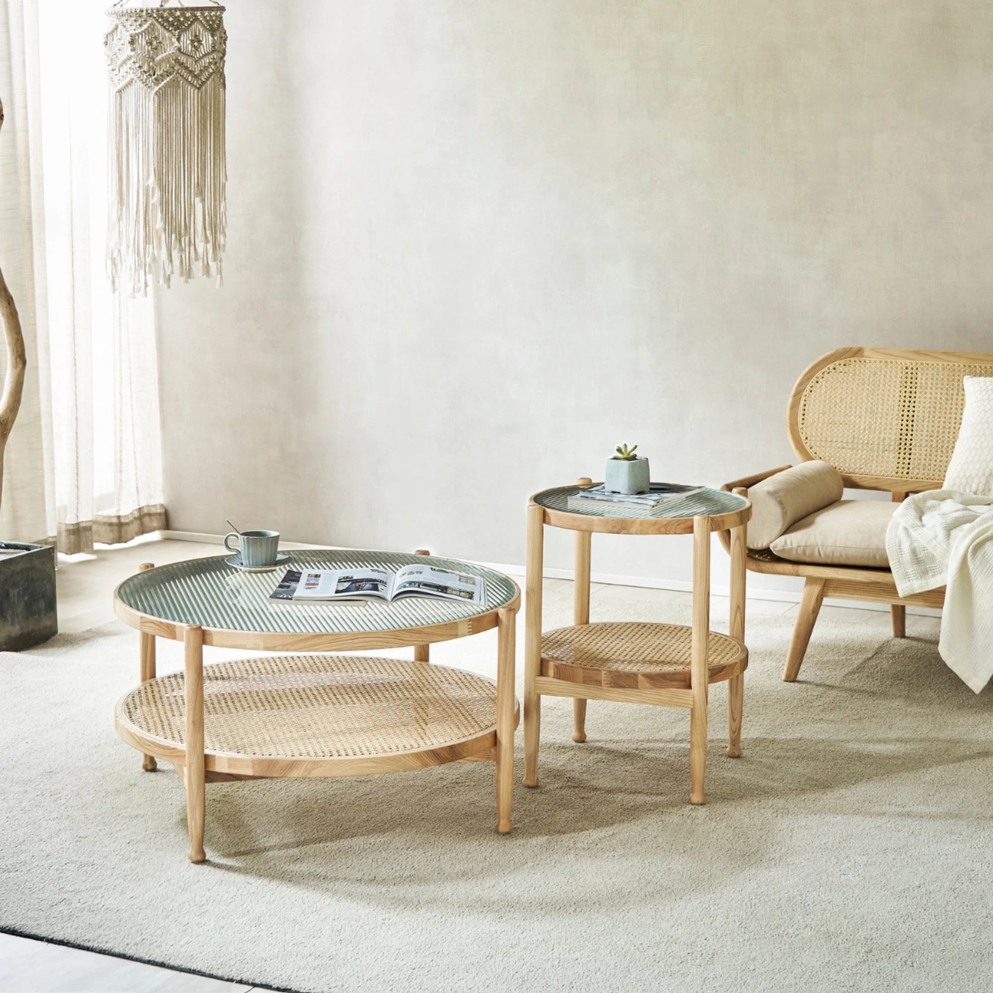BohoBoho Verus Solid Wood & Rattan Ripple Coffee Table, Natural Wood, 86x46cm