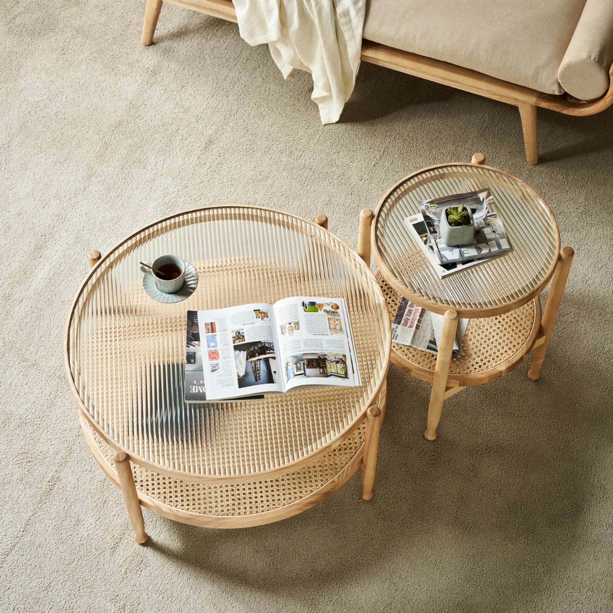 BohoBoho Verus Solid Wood & Rattan Ripple Coffee Table, Natural Wood, 86x46cm