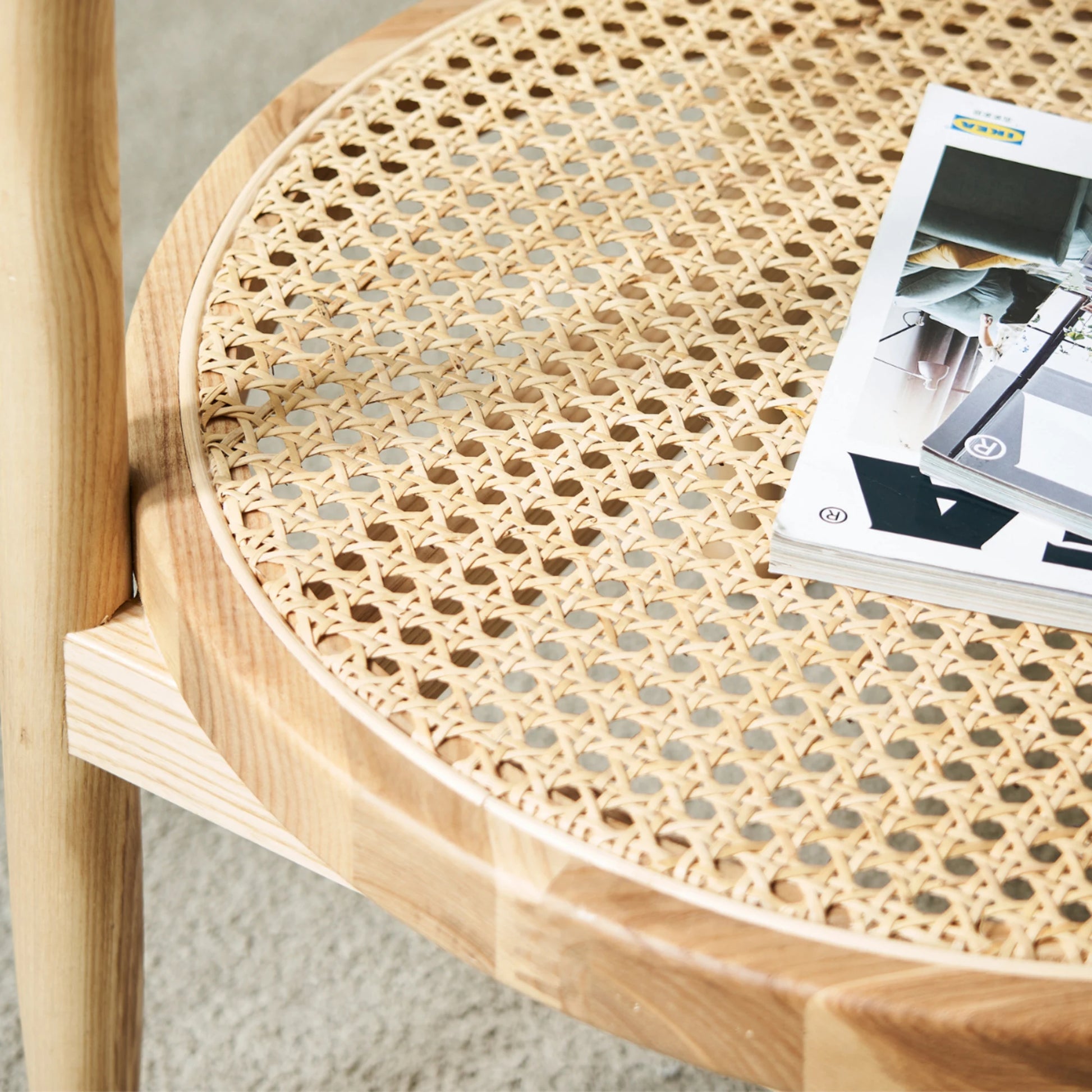 BohoBoho Verus Solid Wood & Rattan Ripple Coffee Table, Natural Wood, 86x46cm