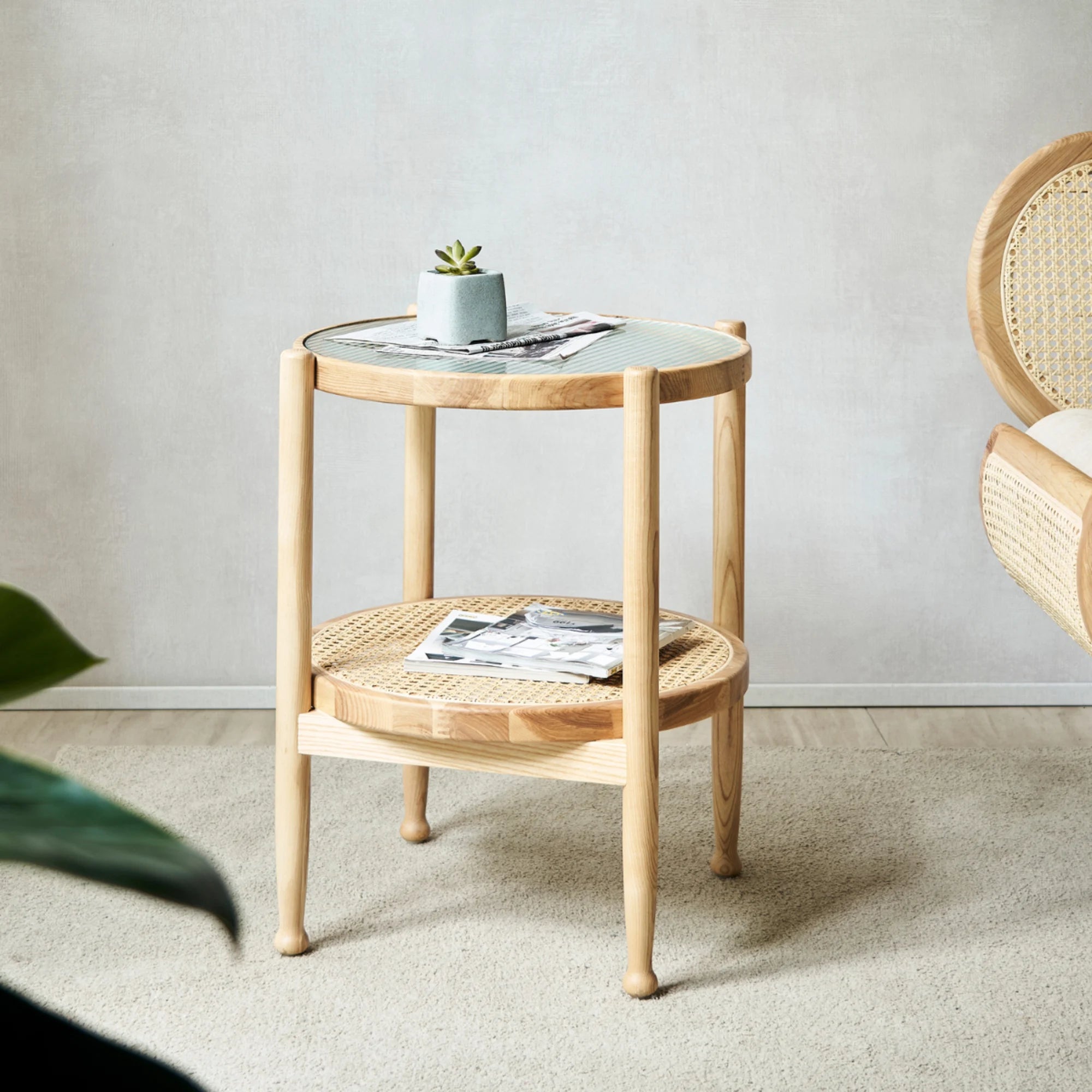 BohoBoho Verus Solid Wood & Rattan Ripple Coffee Table, Natural Wood, 51x61cm