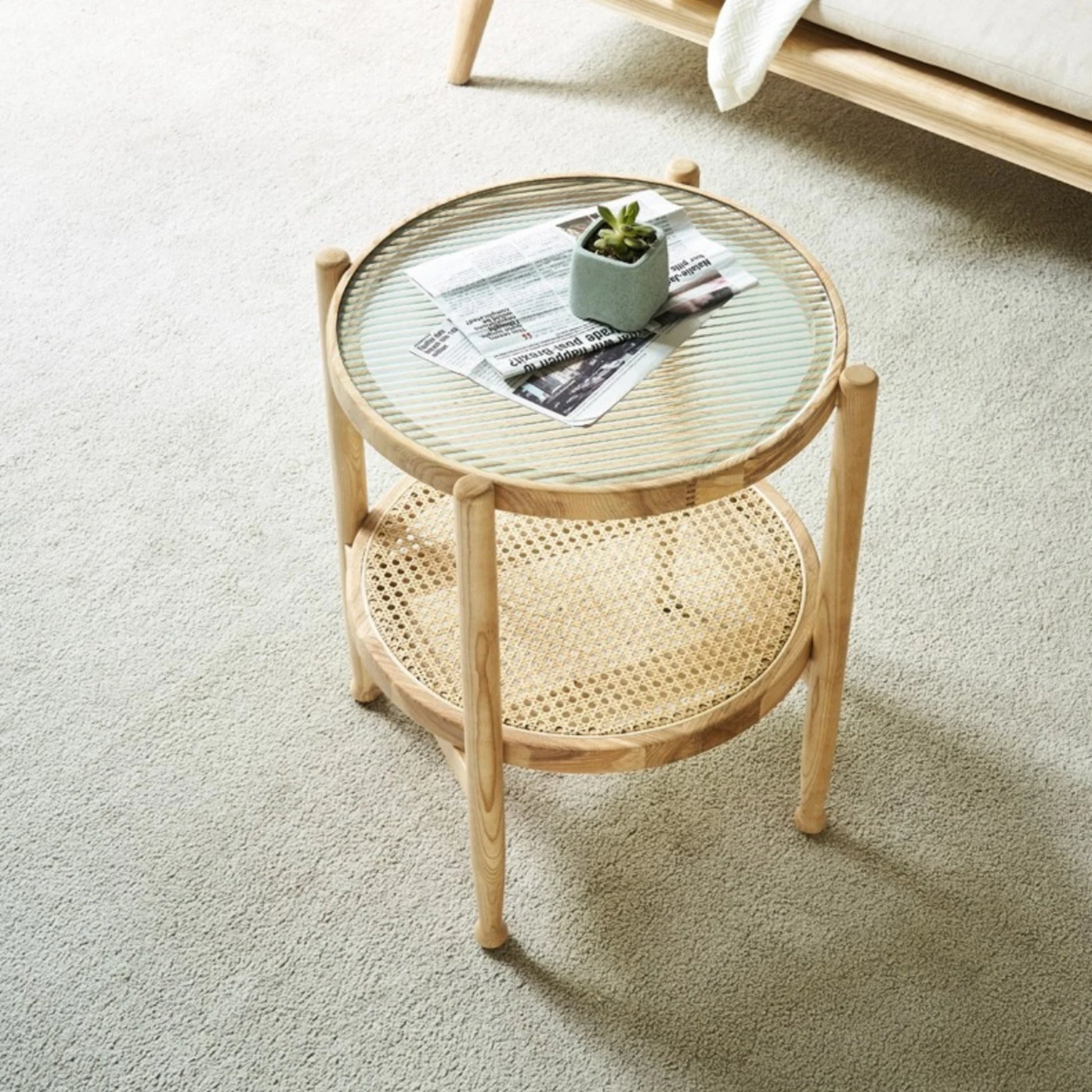 BohoBoho Verus Solid Wood & Rattan Ripple Coffee Table, Natural Wood, 51x61cm