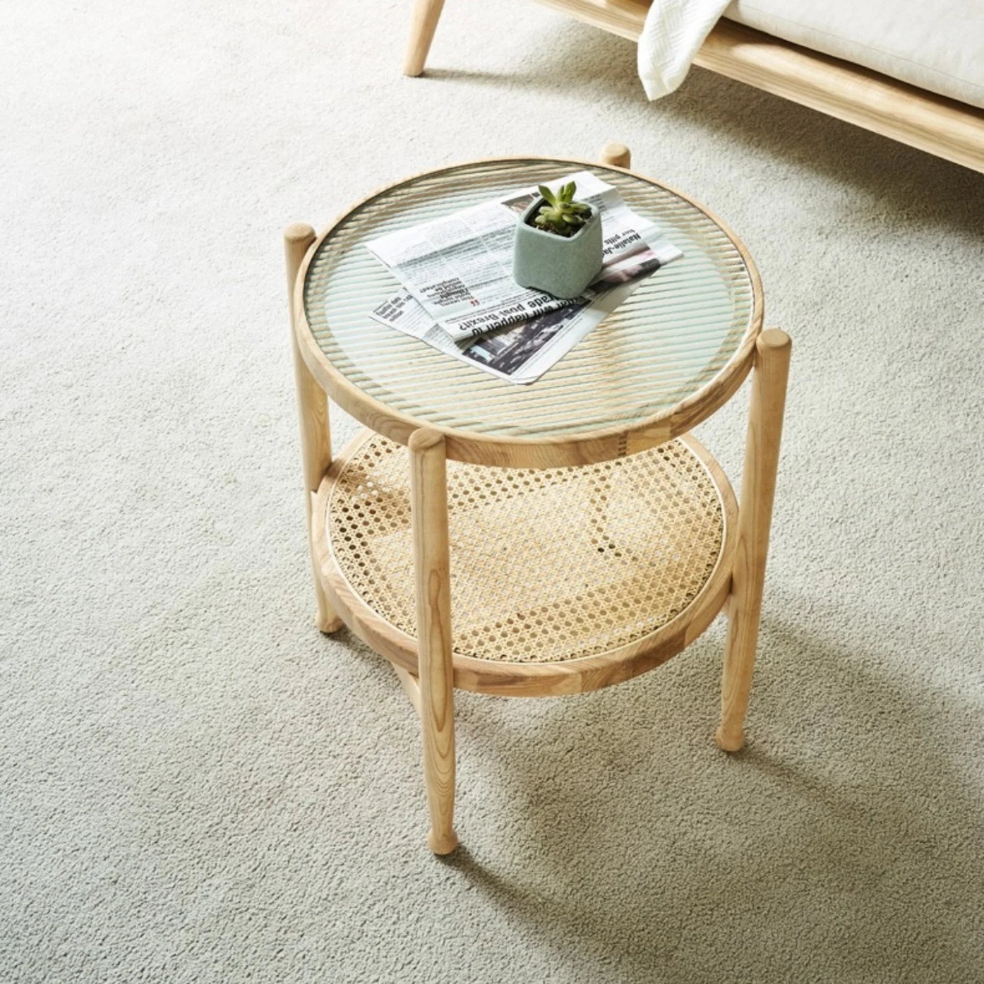 BohoBoho Verus Solid Wood & Rattan Ripple Coffee Table, Natural Wood, 51x61cm