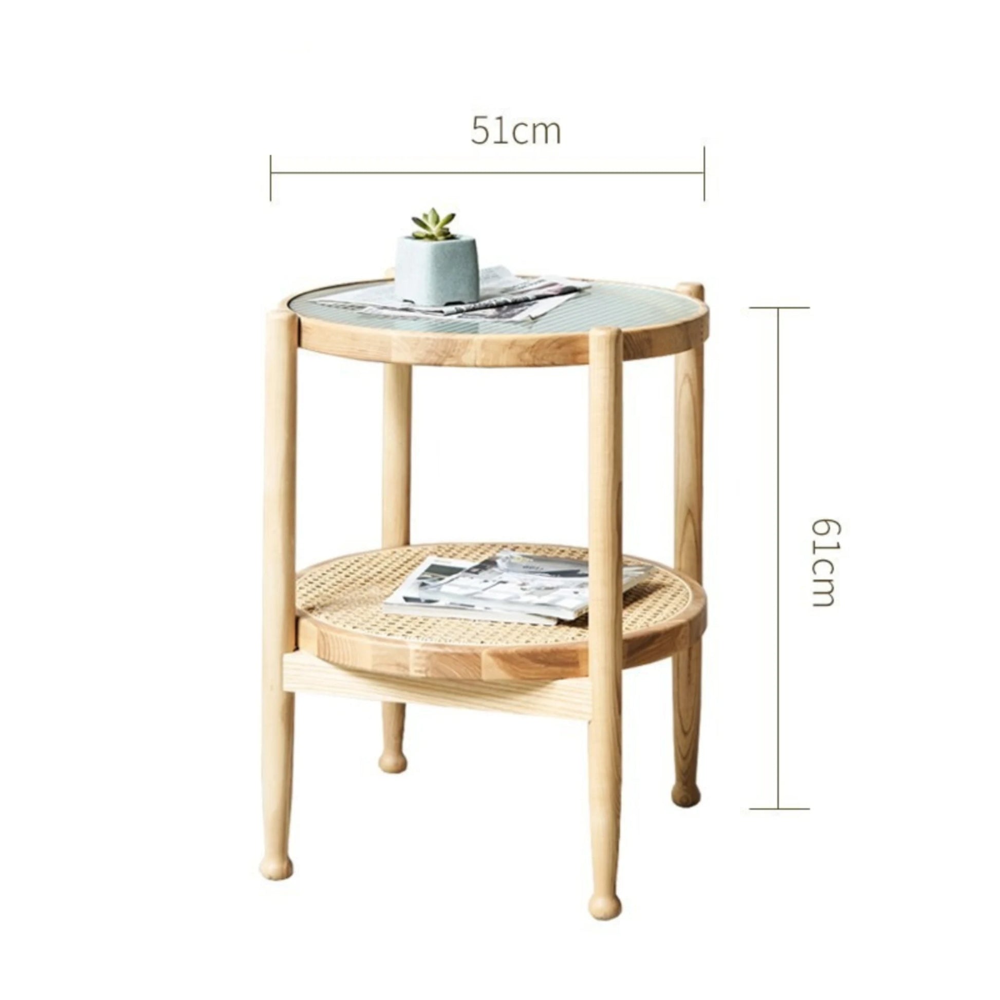 BohoBoho Verus Solid Wood & Rattan Ripple Coffee Table, Natural Wood, 51x61cm