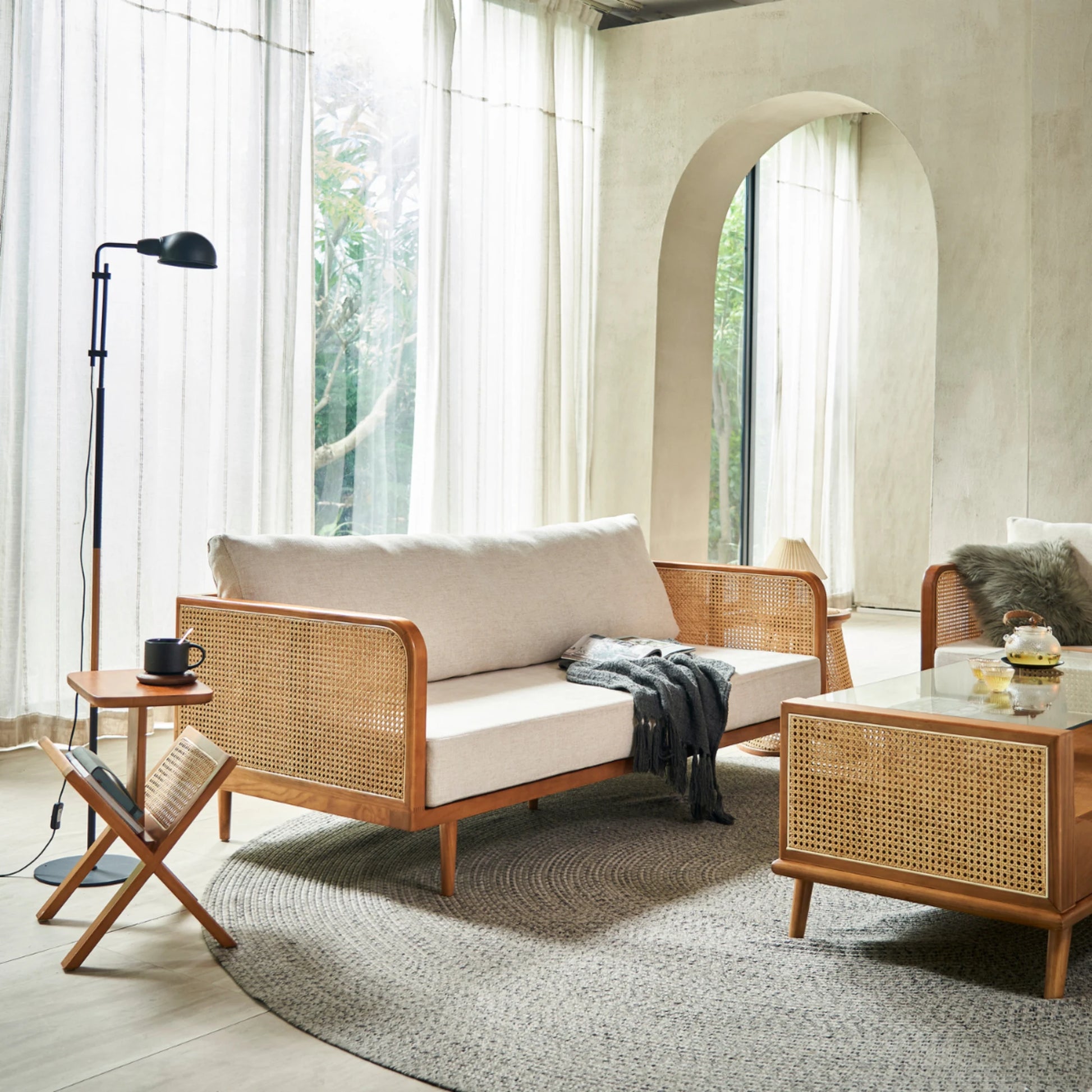 BohoBoho Verus Solid Wood & Rattan 3-Seater Sofa, Natural Wood, 190x83x65cm