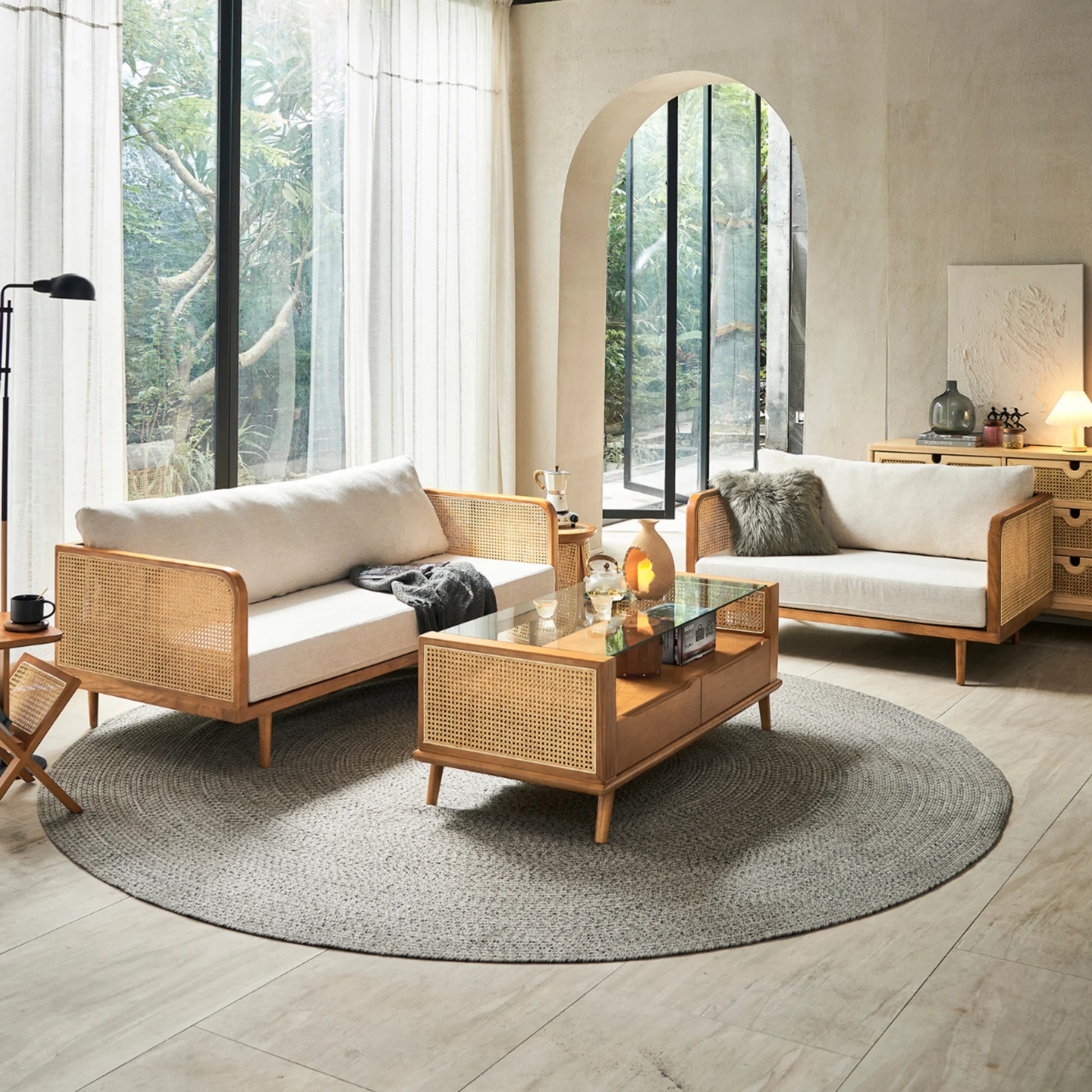 BohoBoho Verus Solid Wood & Rattan 3-Seater Sofa, Natural Wood, 190x83x65cm