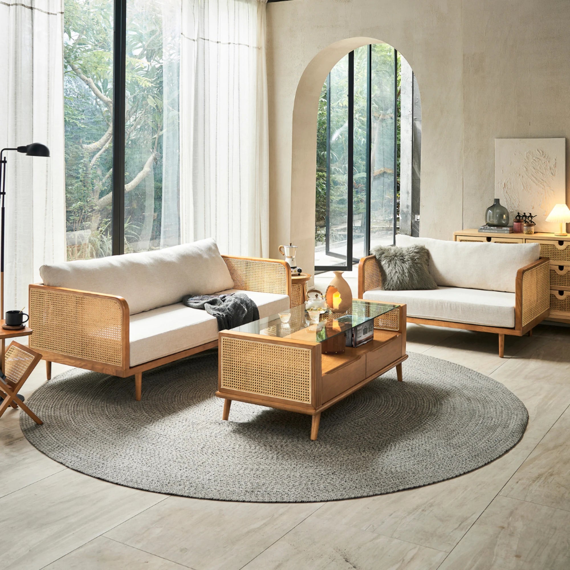 BohoBoho Verus Solid Wood & Rattan 3-Seater Sofa, Natural Wood, 190x83x65cm