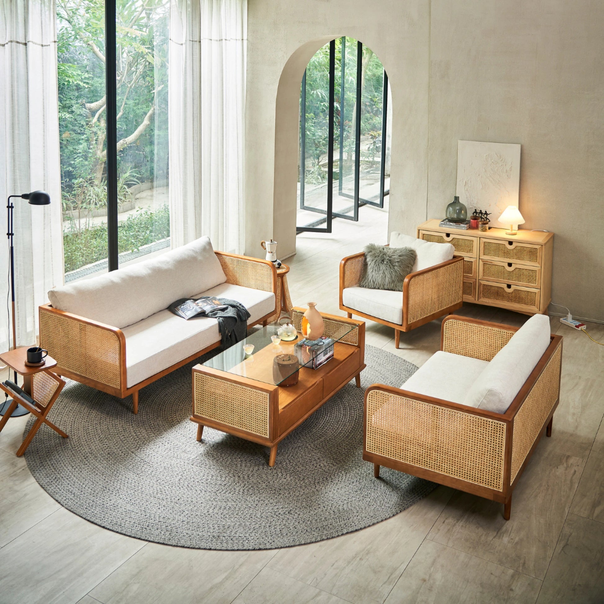 BohoBoho Verus Solid Wood & Rattan 3-Seater Sofa, Natural Wood, 190x83x65cm