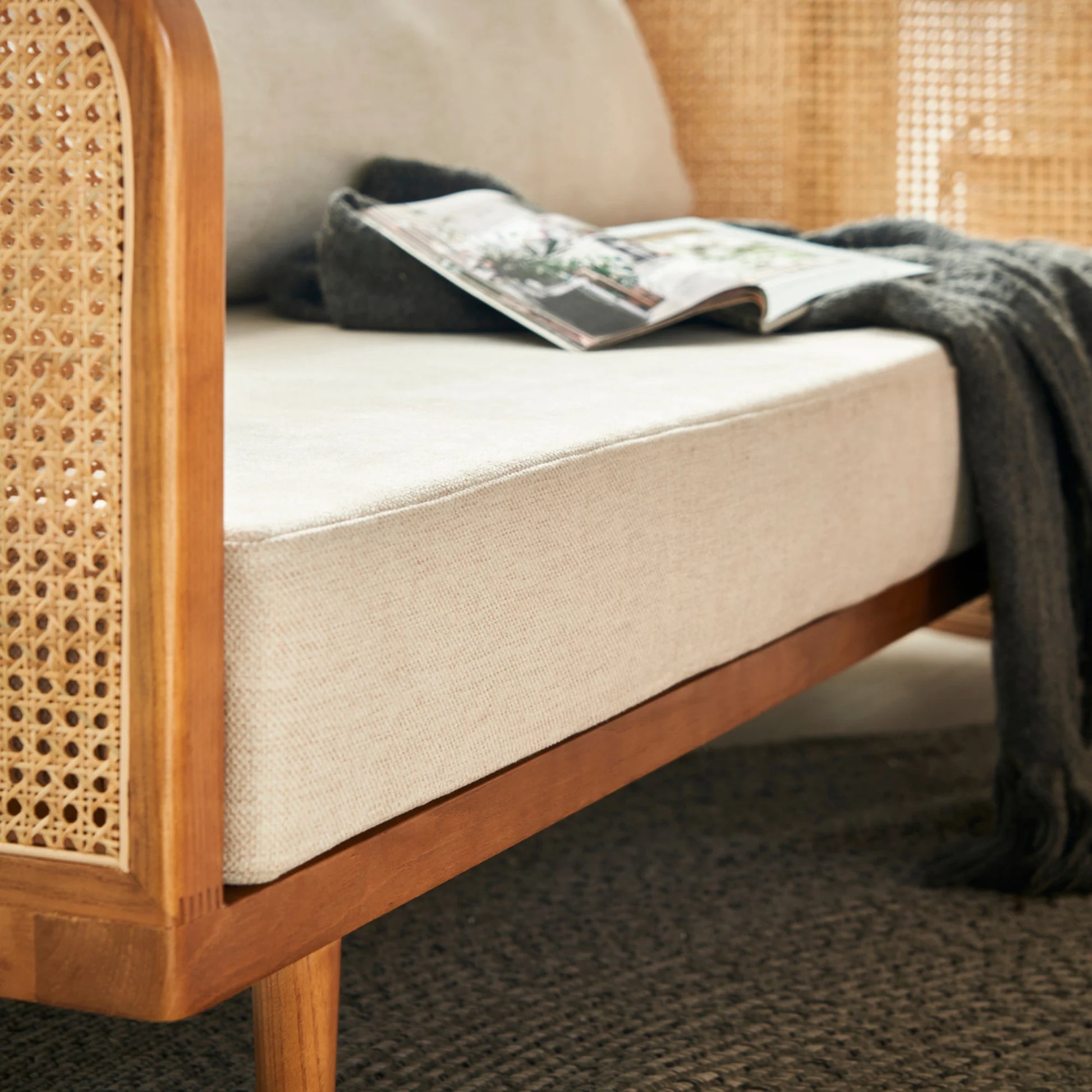 BohoBoho Verus Solid Wood & Rattan 3-Seater Sofa, Natural Wood, 190x83x65cm