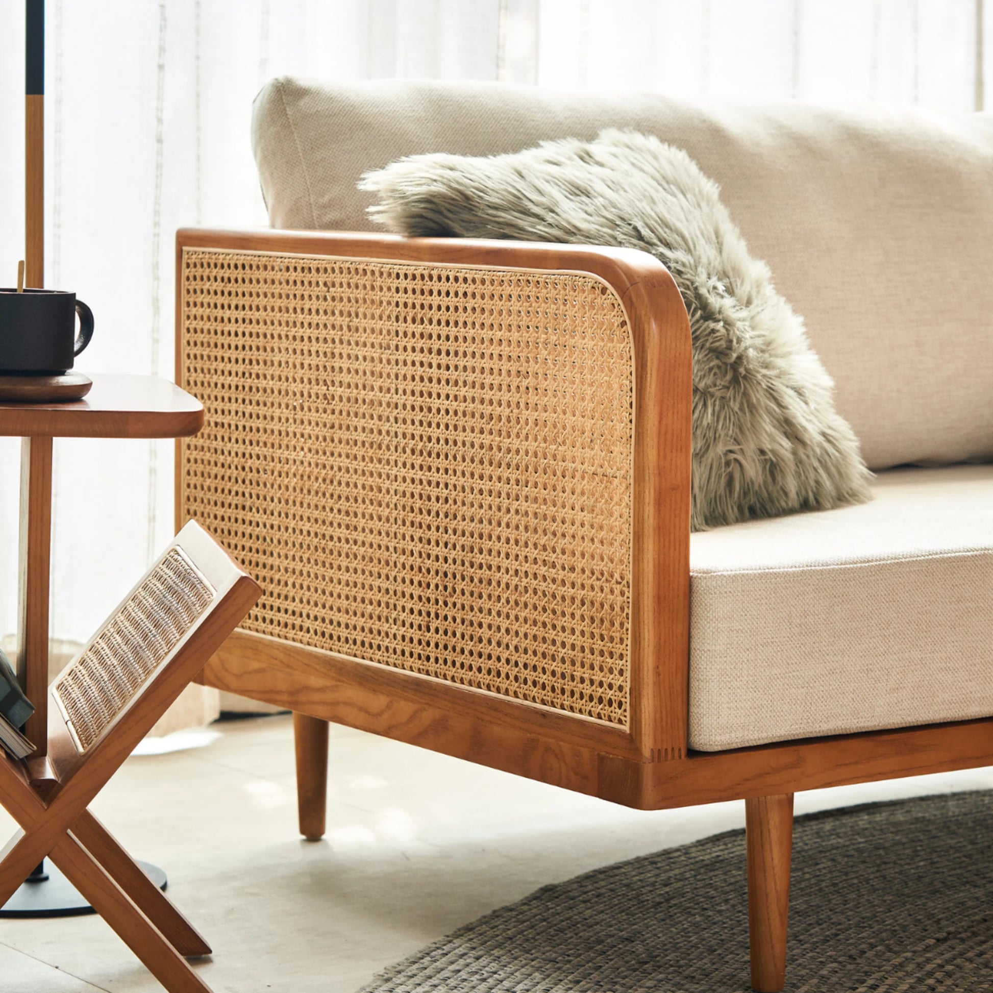 BohoBoho Verus Solid Wood & Rattan 3-Seater Sofa, Natural Wood, 190x83x65cm