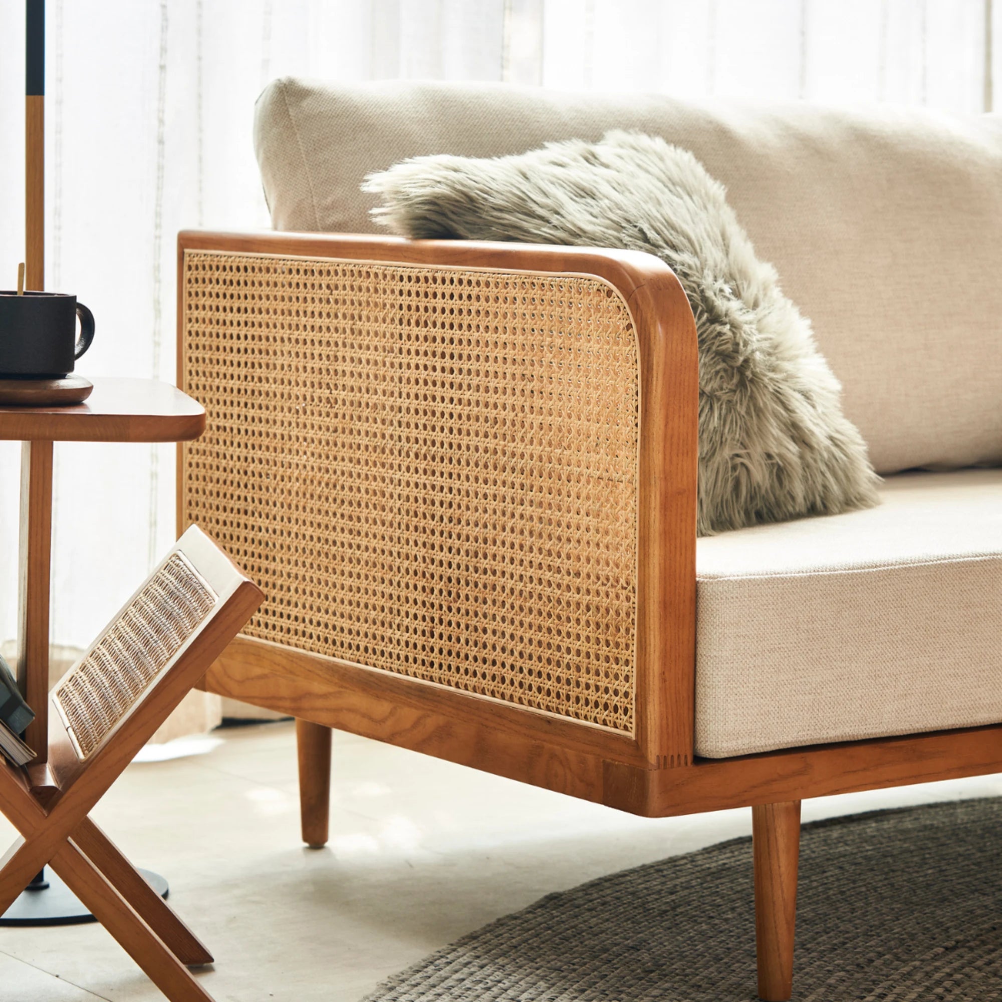 BohoBoho Verus Solid Wood & Rattan 3-Seater Sofa, Natural Wood, 190x83x65cm