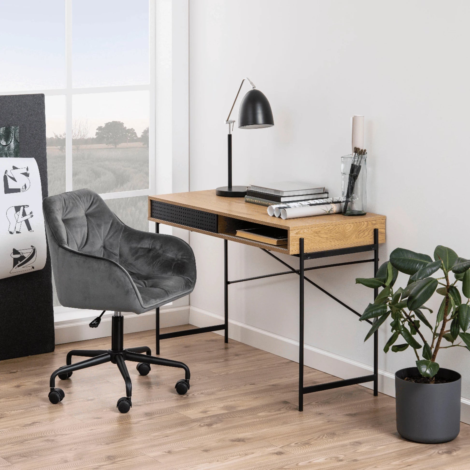 Hjem Design August Rectangular Office Desk, Natural Wood & Black
