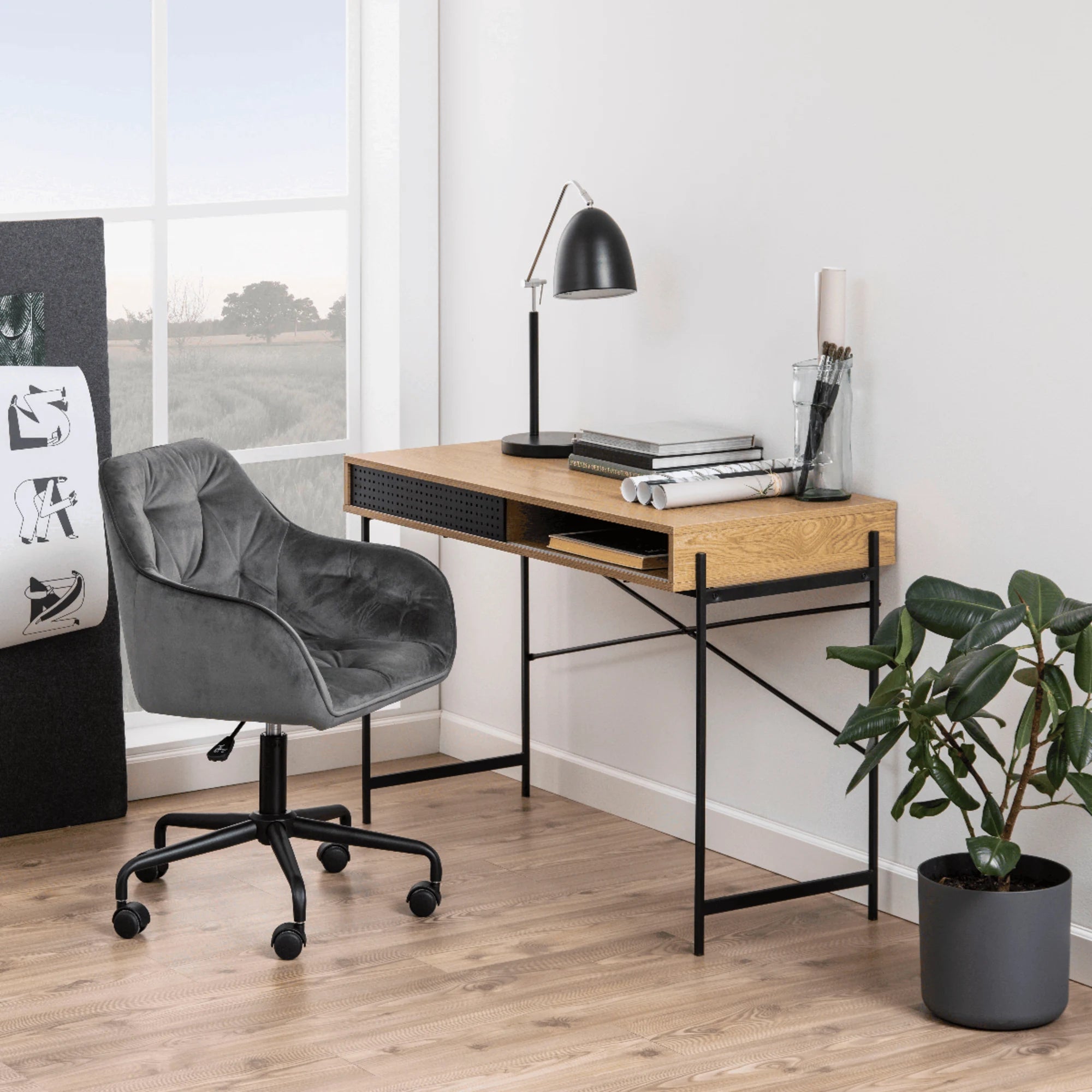 Hjem Design August Rectangular Office Desk, Natural Wood & Black