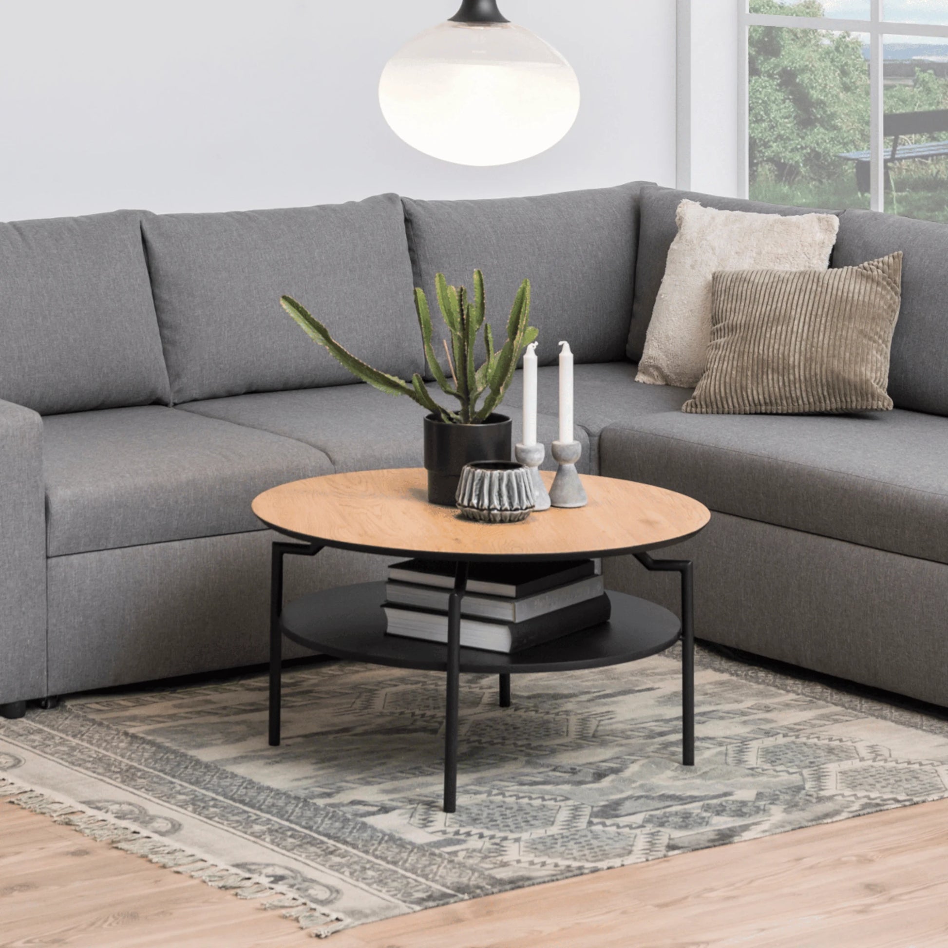 Hjem Design Gina Round Coffee Table, Natural Wood & Black