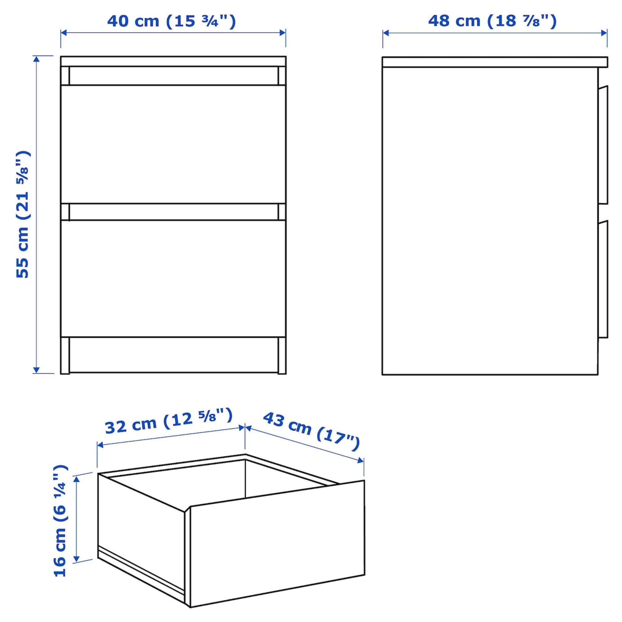 IKEA MALM Chest of 2 Drawers 40x55cm White
