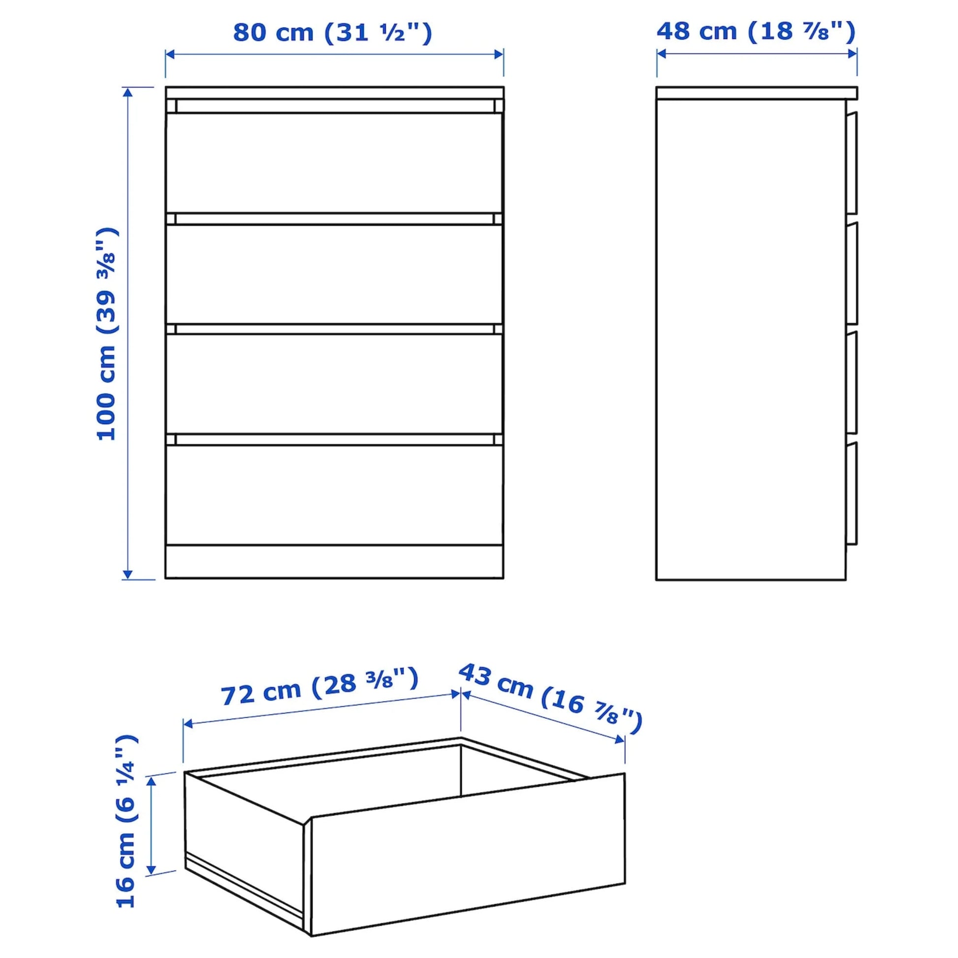 IKEA MALM Chest of 4 Drawers 80x100cm White