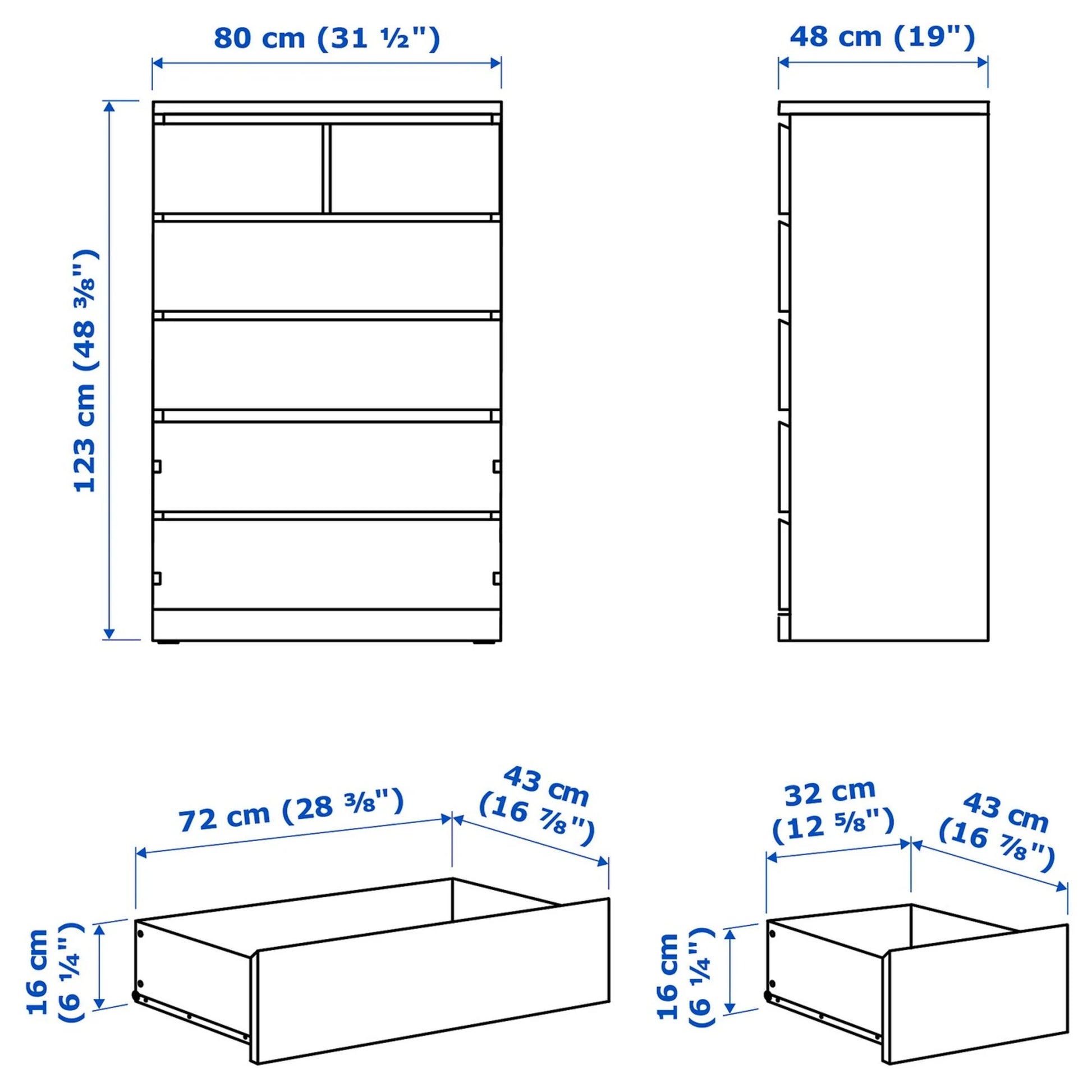 IKEA MALM Chest of 6 Drawers 80x123cm White stained oak veneer